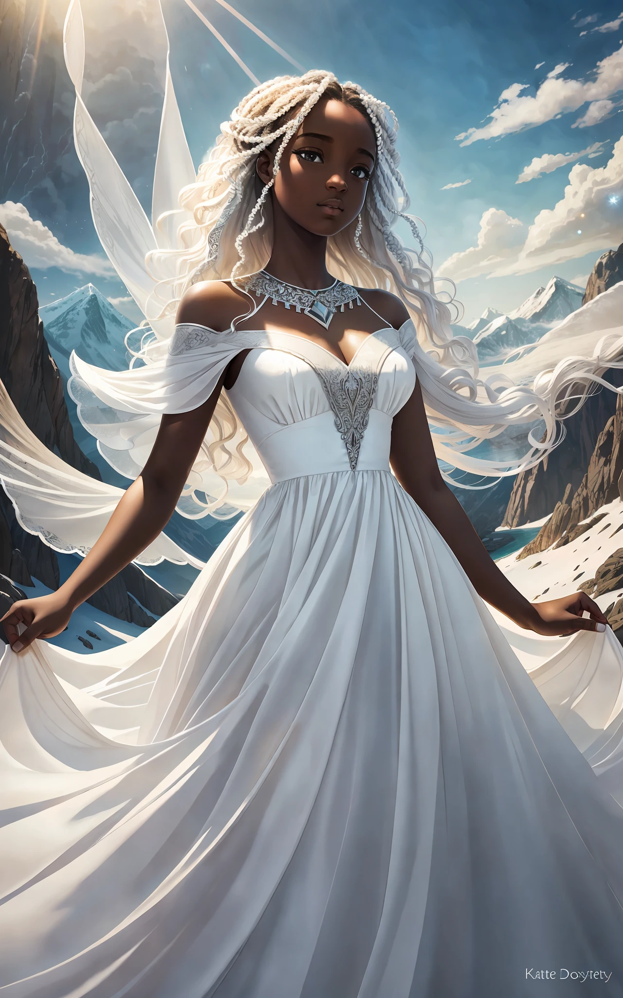 award winning 64k concept art of (black 1girl:1.2) in white majestic open dress standing proudly in the mountains, posing, epic, god rays, centered, (masterpiece:1.2), (best quality:1.2), Amazing, highly detailed, beautiful, finely detailed, warm soft color grading, Depth of field, extremely detailed 64k, fine art, stunning, iridescent, shiny, (light reflections:1.2), (crisp:1.5), white curls, wind, vibrant, sunlit, (edge detection:1.2), absurdres, by Katie Daisy, impressive, 120mm
