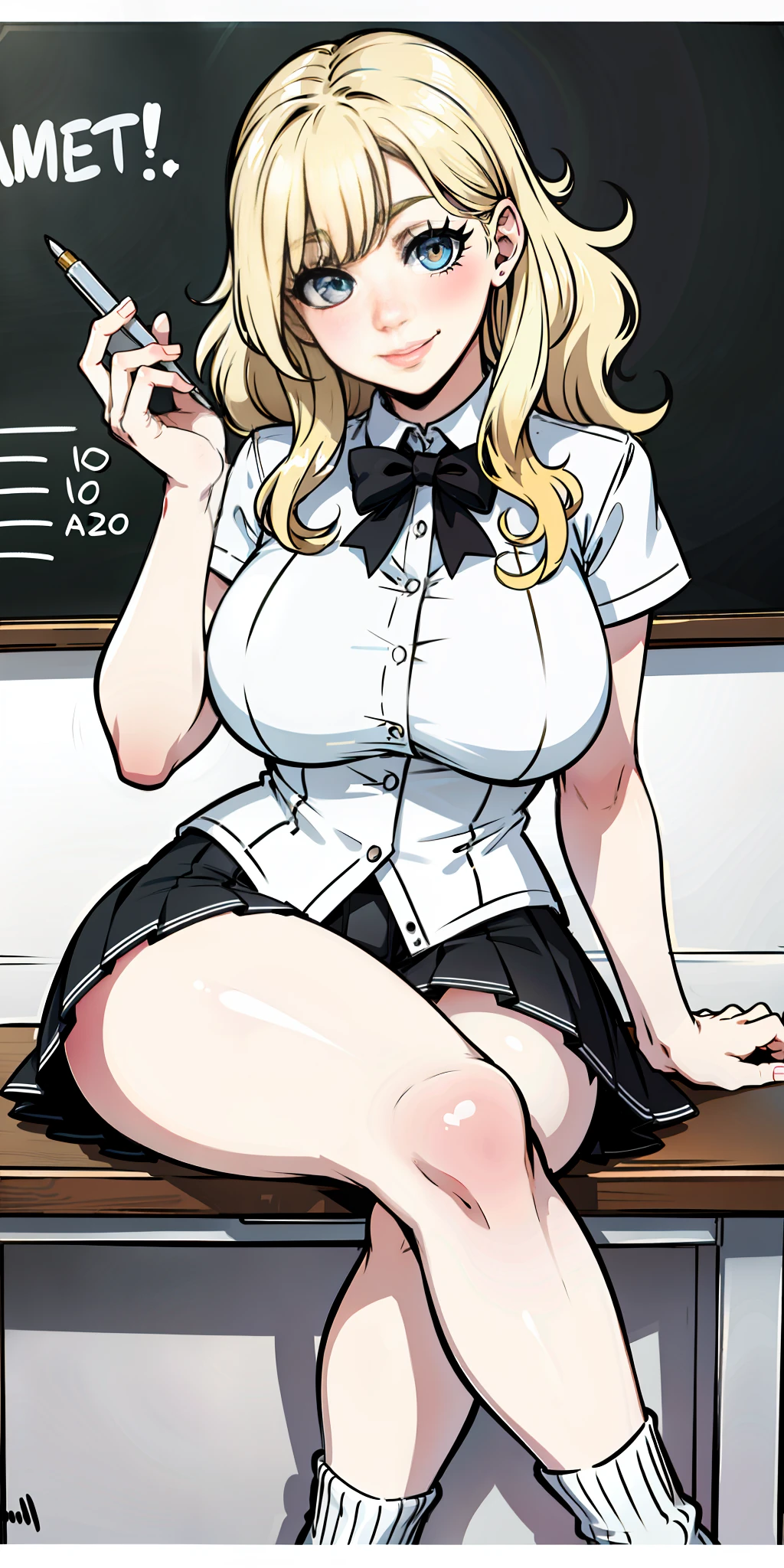 Color, (Masterpiece: 1.4), (Best Quality: 1.4), 8K, HD, Ultra HD, 1 Girl, (Big Tits: 1.4), Long Blonde Hair, White Clothes, Black Short Skirt, White Socks, Desk, Reading, Pen, Curly Hair, Blushing, (Smile with Joy), ((Hands Cover Face, Eyes Covered)), Classroom, Blackboard, ((Sitting at Desk)), ((Reading))
