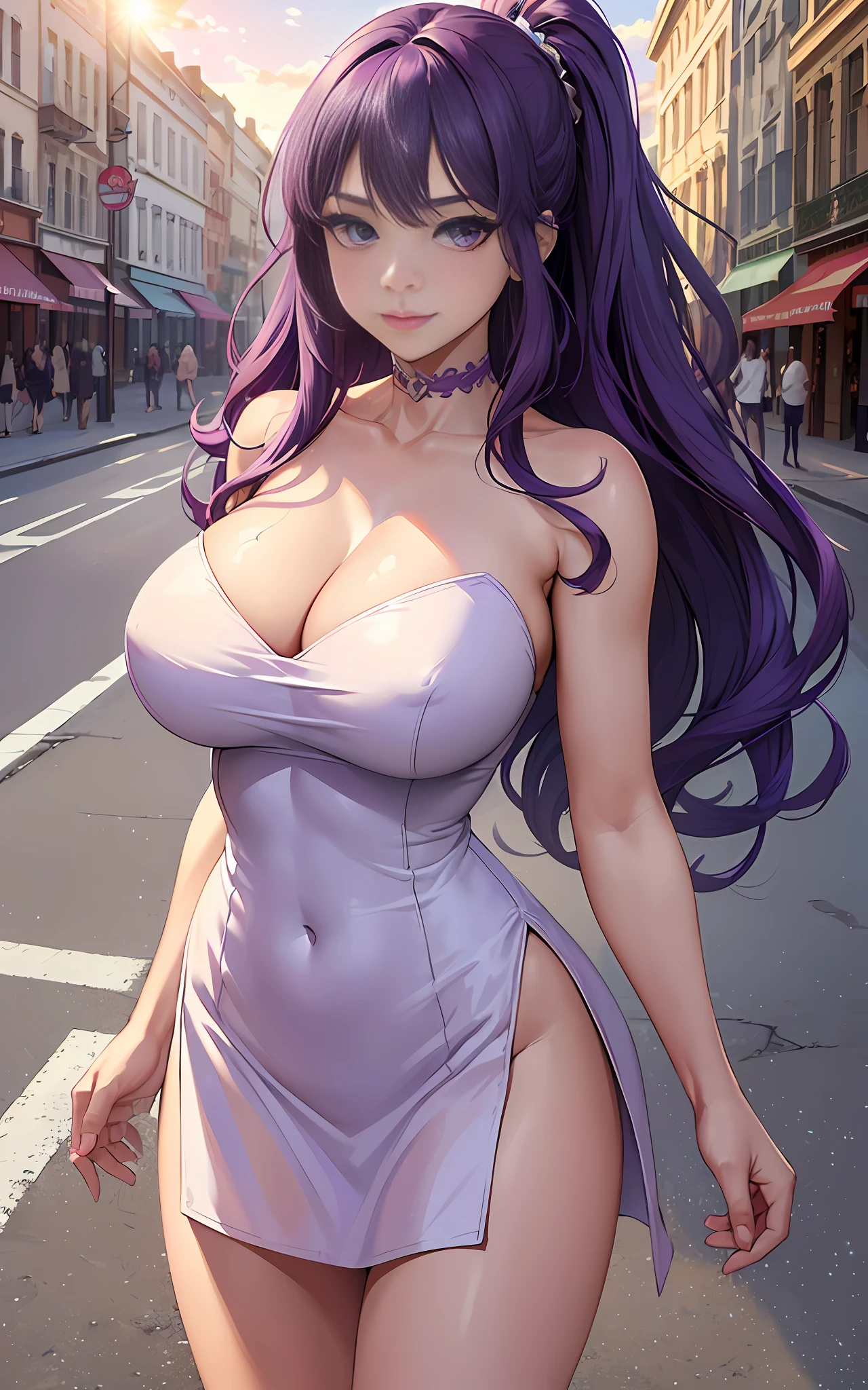 ((Best Quality, Absurd,8k, Masterpiece:1.3))), 1girl, take selfie, closeup, smile, thin face, beautiful woman, 21, defined body, huge breasts, huge breasts, (long hair (up to hip length), voluminous, wavy purple hair), purple hair, white dress ( short dress, tight to body, transparent, strapless, sleeveless, semi-naked, highly detailed breasts, ultra-detailed face, detailed eyes, purple colored eyes, cheerful duo, blurred background, thin face, city, outside, street, sun, sky, nature