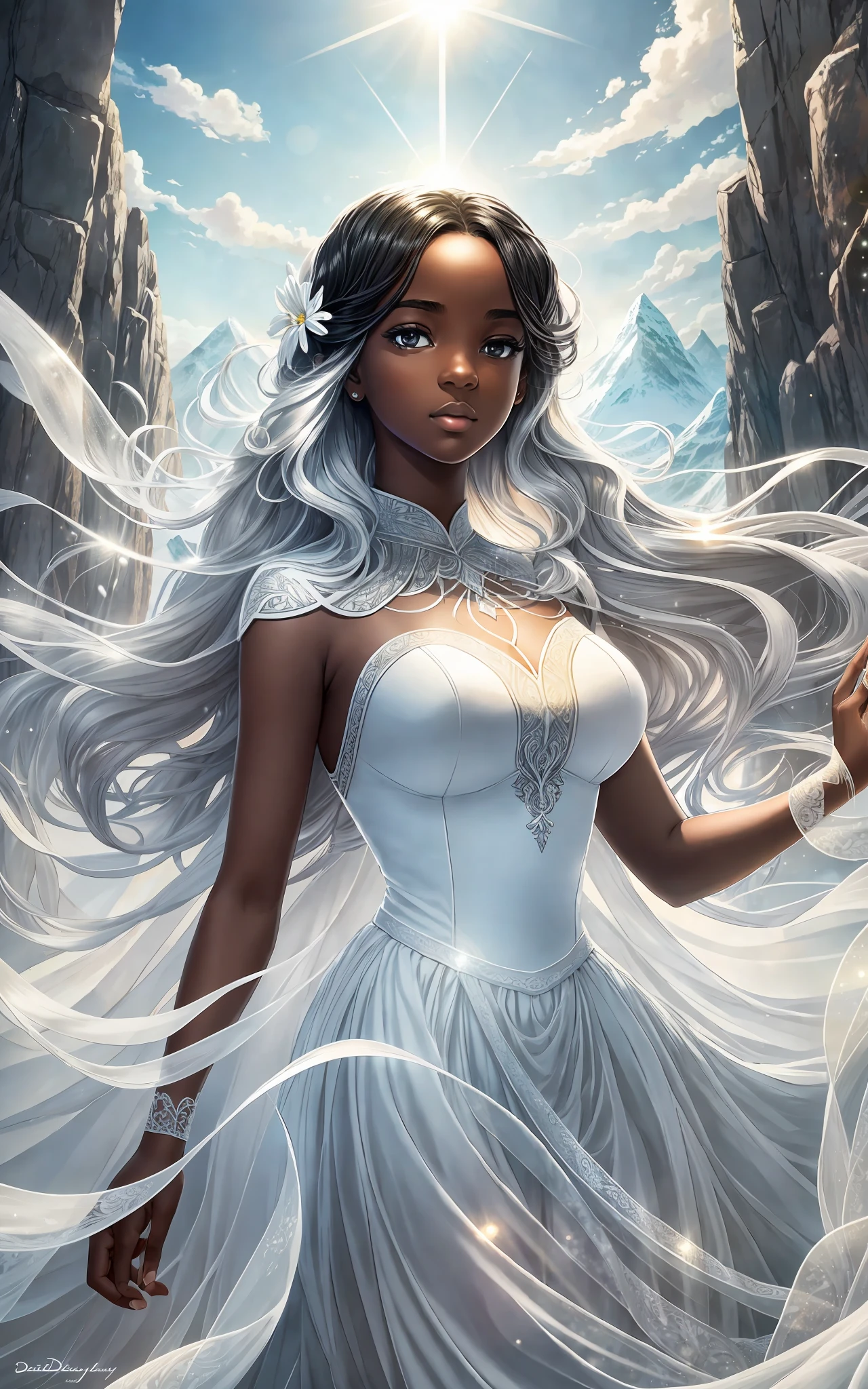 award winning 64k concept art of (black 1girl:1.2) in white majestic open dress standing proudly in the mountains, posing, epic, god rays, centered, (masterpiece:1.2), (best quality:1.2), Amazing, highly detailed, beautiful, finely detailed, warm soft color grading, Depth of field, extremely detailed 64k, fine art, stunning, iridescent, shiny, (light reflections:1.2), (crisp:1.5), white curls, wind, vibrant, sunlit, (edge detection:1.2), absurdres, by Katie Daisy, impressive, 120mm