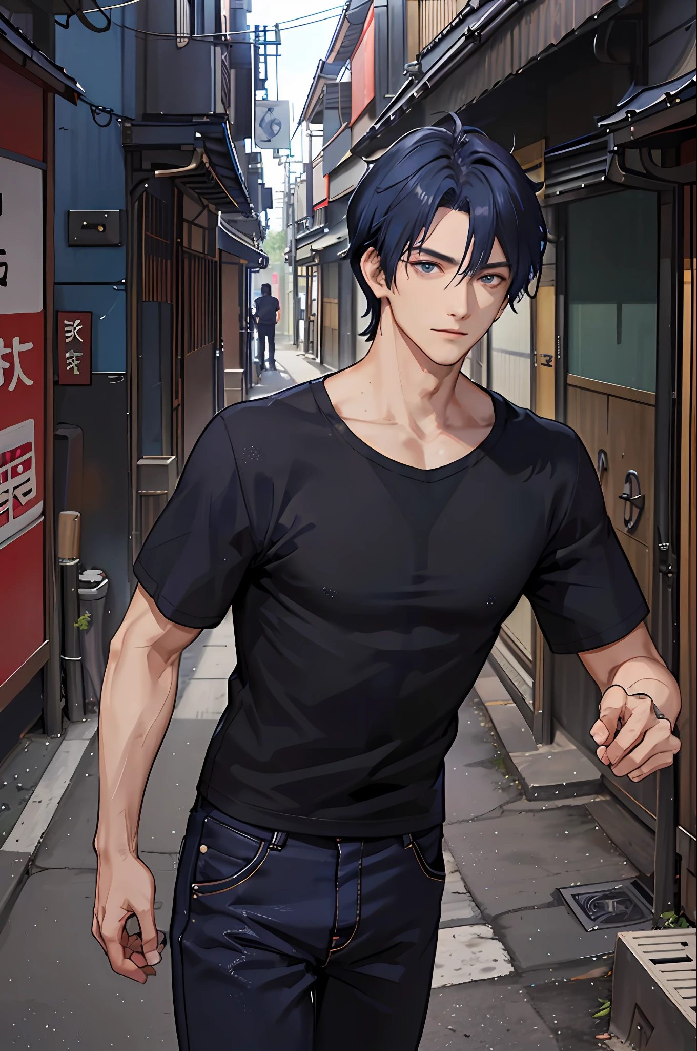 1boy, [detailed background (japan alley, tokyo, tokyo city)], indigo blue hair, dark indigo hair, short blue hair, comma hair, lean and muscular male, ((man wears a black t-shirt, black trousers)), correct limbs, correct anatomy, handsome, Eye details, beautiful eyes, delicate eyes, indigo blue eyes, broad chest, tiny waist