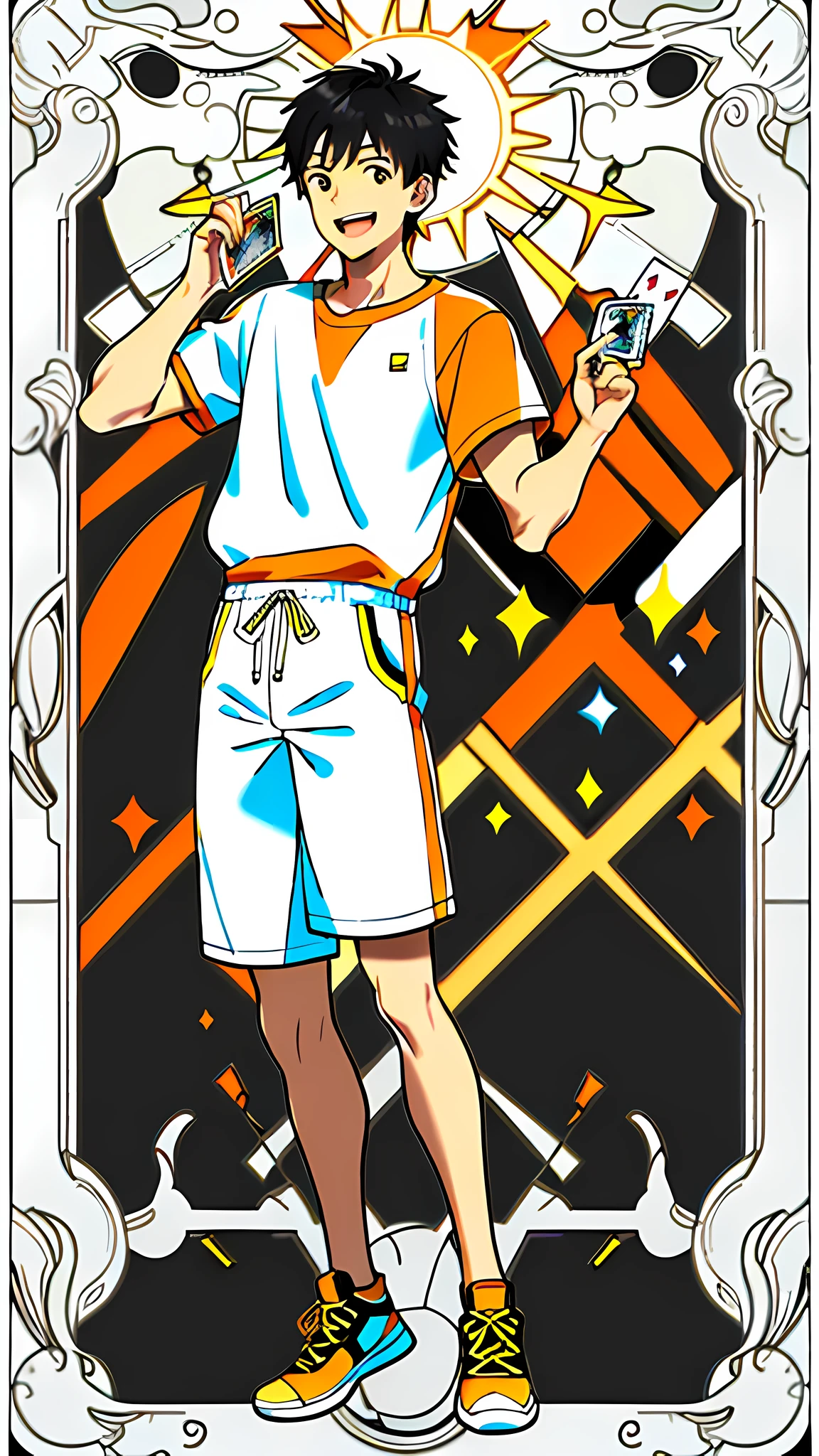 masterpiece, best quality, full body, card, 1 man, the sun, happy, laugh, short hair, black hair, standing, white, light, yellow, orange, black, buzz cut, bara, street style, white t-shirt, sport, center, man, looking at viewer, holding nothing, dancer, street, electric, hiphop,