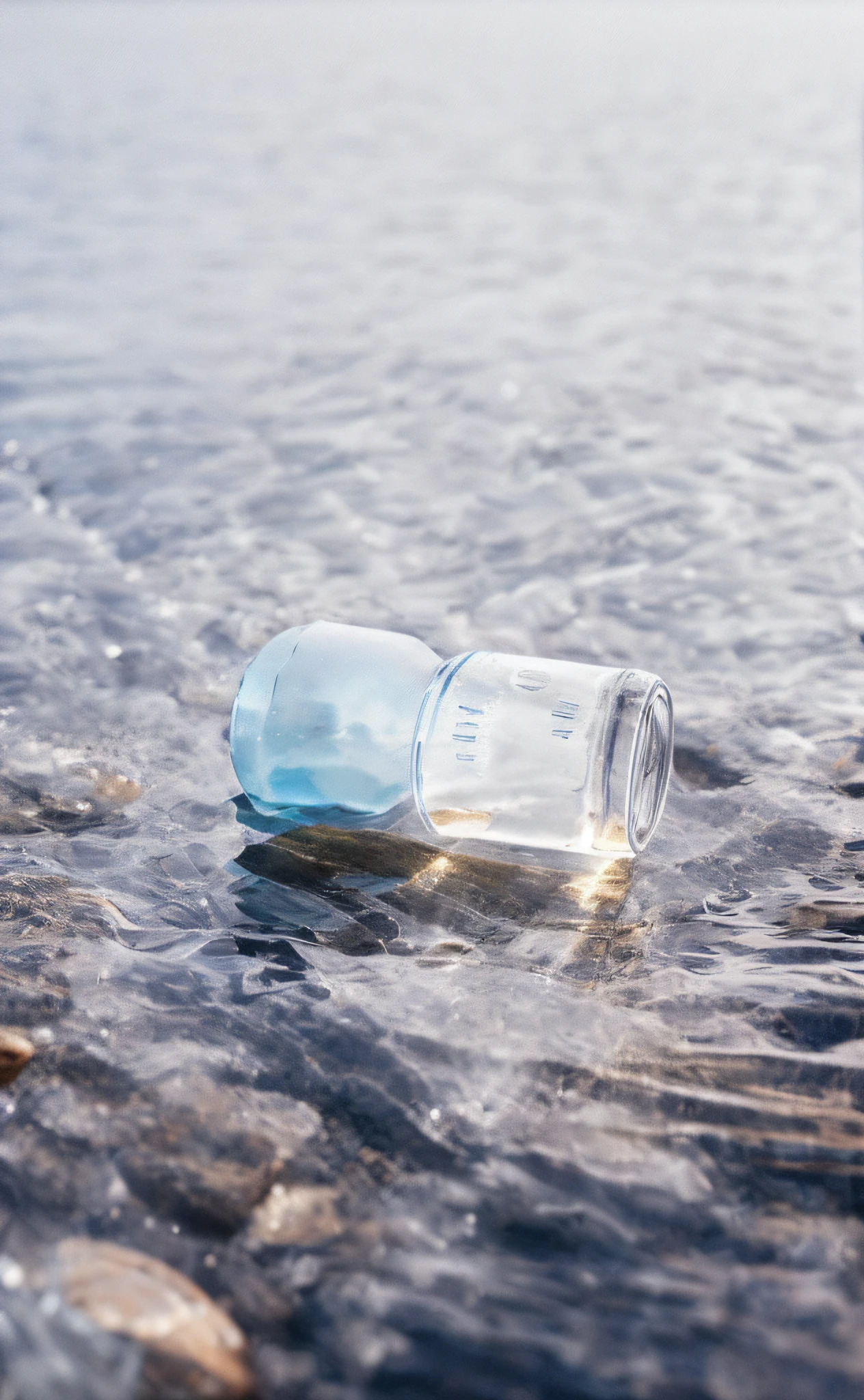 The crystal clear water bottle of the sea floats on the sand, and the water droplets slide down the bottle. Sea and glass bottle background, body in bottle, detailed product photos, vodka bottles and miniature product photos, boat in bottles, Zach Retz, wide angle photography, spectacular scenes. --auto --s2