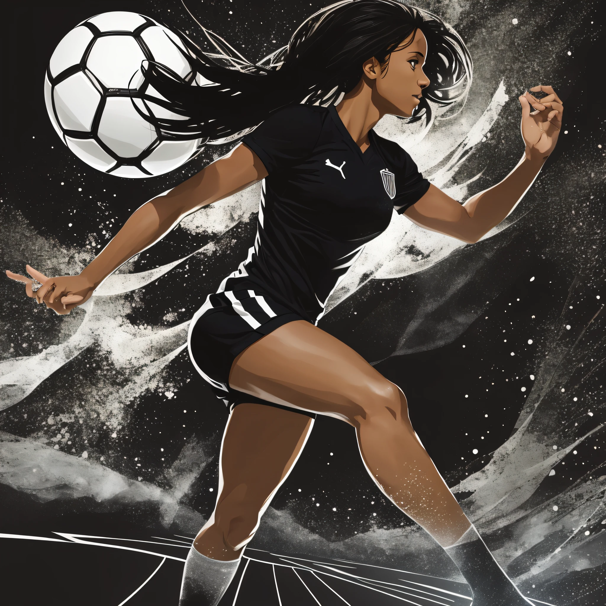 arafed silhouette of a woman walking on a soccer ball, soccer, soccer player, soccer ball against her foot, inspired by Arnold Bronckhorst, complete darkness background, pitch black background, single silhouette figure, silhoutte, background ( dark _ smokiness ), football player, pitchblack skin, detailed silhouette, black backround. inkscape, godesses