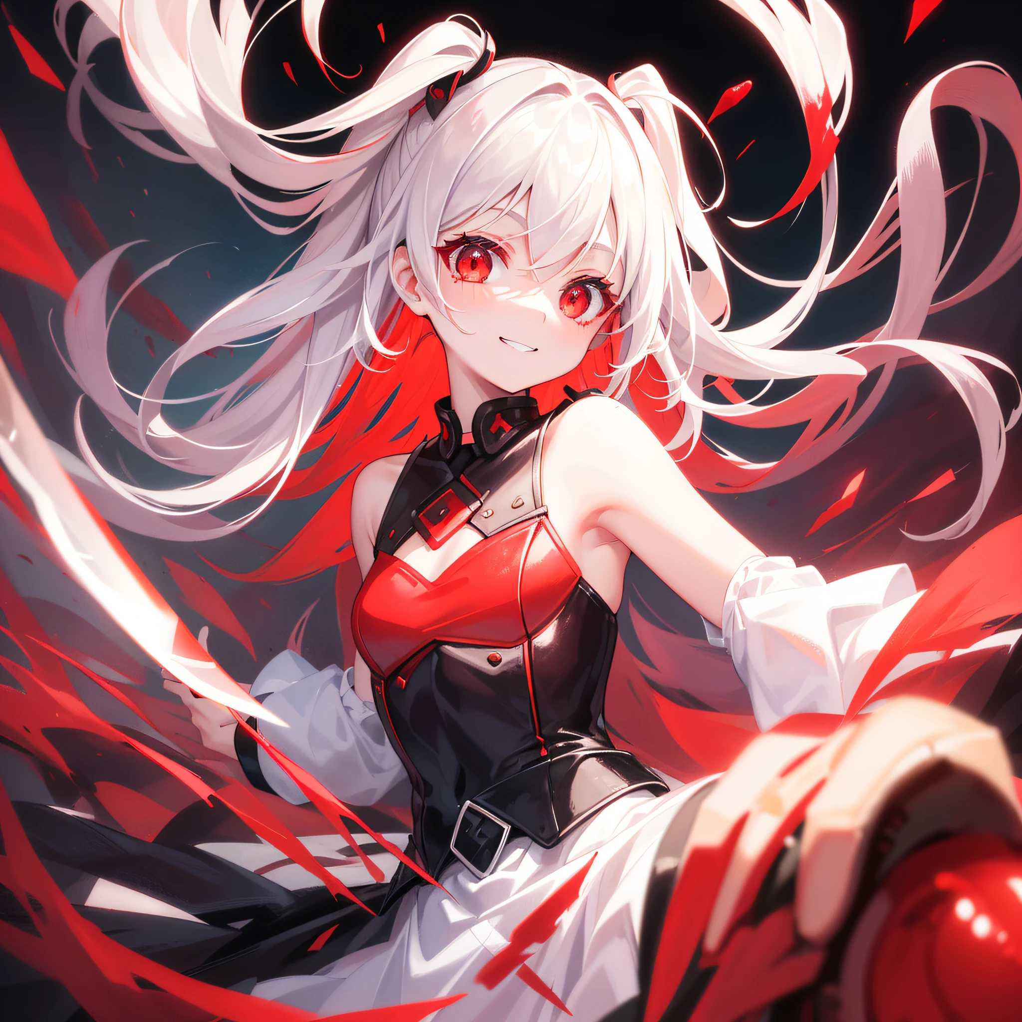 (Red Eyes: 1.3, Small Fresh: 0.9, Cute Girls: 1.2), Affectionate Gaze, Laughter, Floating Knife, Smile, Crazy, Background Fresh and Bright, Cute Face, Blood, Knife, (More Knives: 0.9), (Cute Face: 0.8)