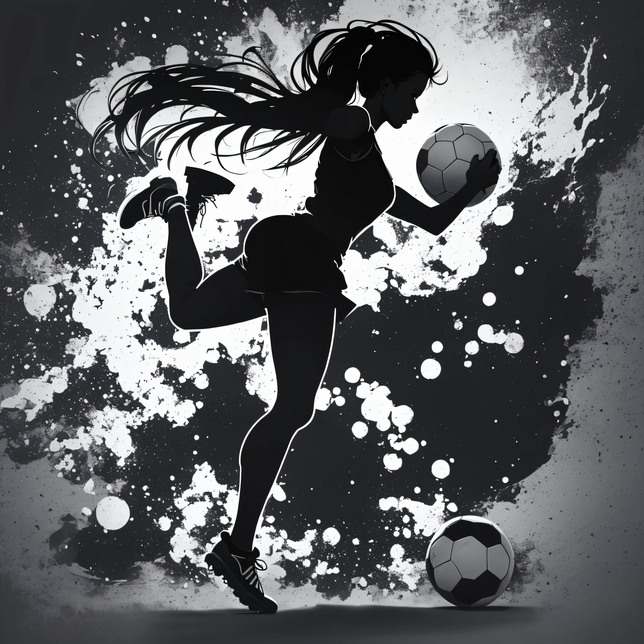 arafed silhouette of a woman walking on a soccer ball, soccer, soccer player, soccer ball against her foot, inspired by Arnold Bronckhorst, complete darkness background, pitch black background, single silhouette figure, silhoutte, background ( dark _ smokiness ), football player, pitchblack skin, detailed silhouette, black backround. inkscape, godesses