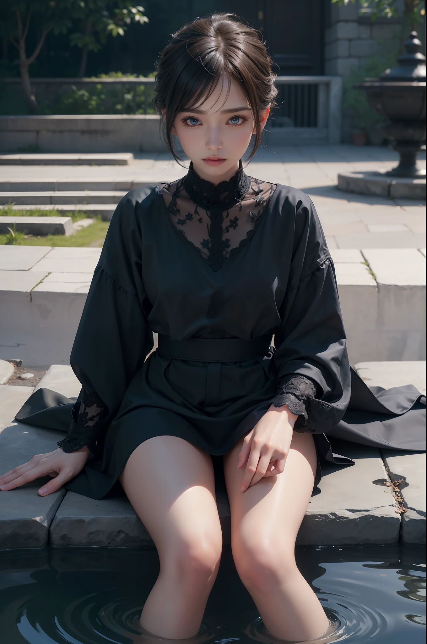 20 year old surreal idol, sitting on a tiny puddle, inner thigh, knee bent, crotch soaked, short layer hair, RAW,(8k, best quality, masterpiece:1.2),(intricate detail: 1.4),(photorealistic:1.4),octane rendering, complex 3d rendering Ultra detailed, studio soft light, rim light, vivid details, super detail, realistic skin texture, detail face, beautiful detail eyes, very detailed cg unity 8k wallpaper, makeup, (detailed background:1.2),