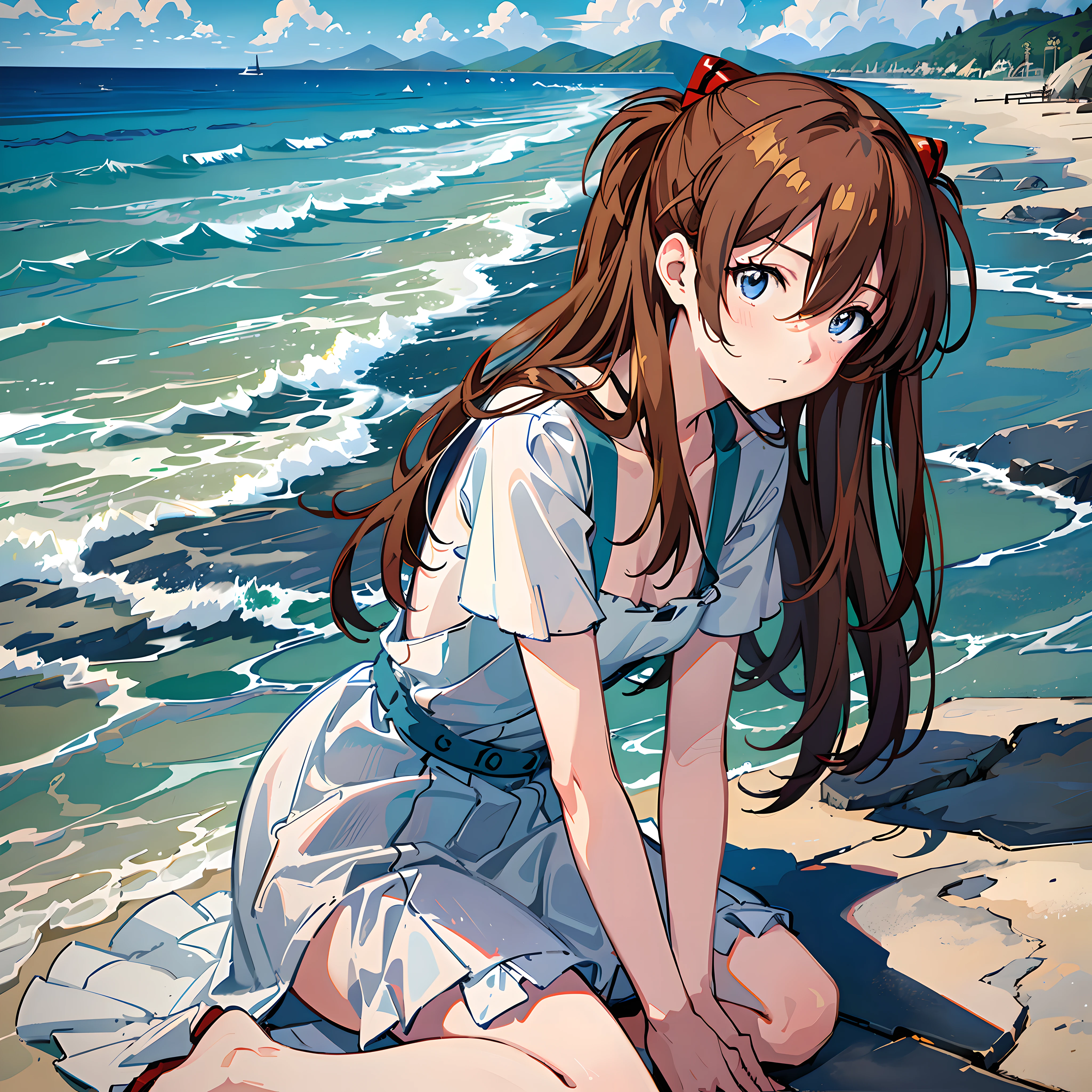 (Masterpiece, best quality), Asuka, 1 girl, hair fluttering in the wind, tsundere emoji, wallpaper, beach background, solid background, white dress, hands on knees, calves and ground vertical, close-up, characters in the middle, warm colors, minimalist, --v6