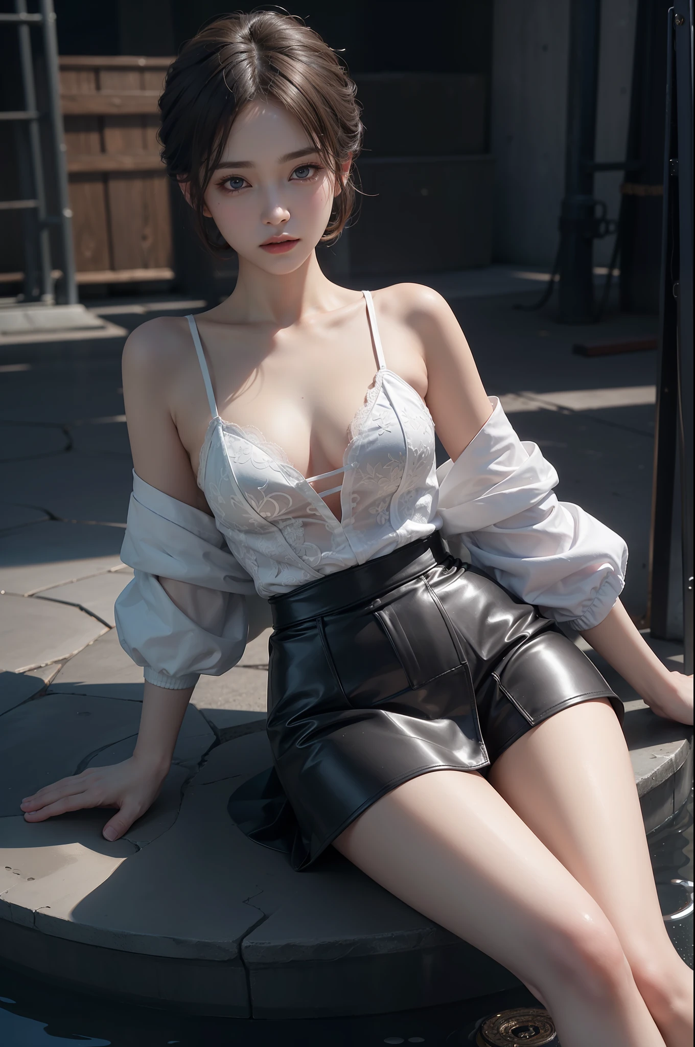 20 year old surreal idol, sitting on a tiny puddle, inner thigh, knee bent, crotch soaked, short layer hair, RAW,(8k, best quality, masterpiece:1.2),(intricate detail: 1.4),(photorealistic:1.4),octane rendering, complex 3d rendering Ultra detailed, studio soft light, rim light, vivid details, super detail, realistic skin texture, detail face, beautiful detail eyes, very detailed cg unity 8k wallpaper, makeup, (detailed background:1.2),