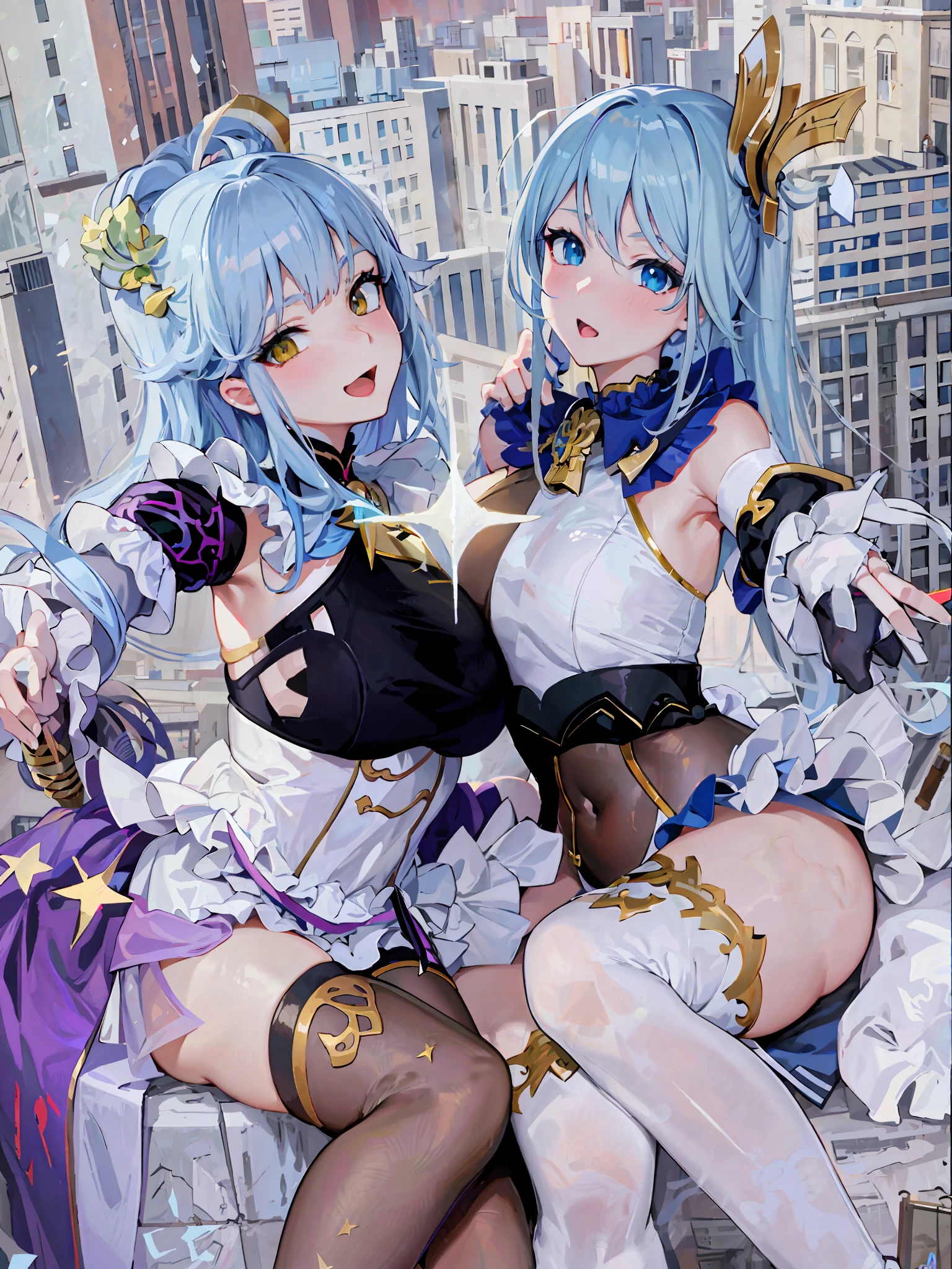 anime - style girls in costumes sitting on a ledge in a city, wlop and sakimichan, two beautiful anime girls, 8k high quality detailed art, pixiv 3dcg, anime style 4 k, trending on artstation pixiv, guweiz on artstation pixiv, guweiz on pixiv artstation, anime girls, genshin
