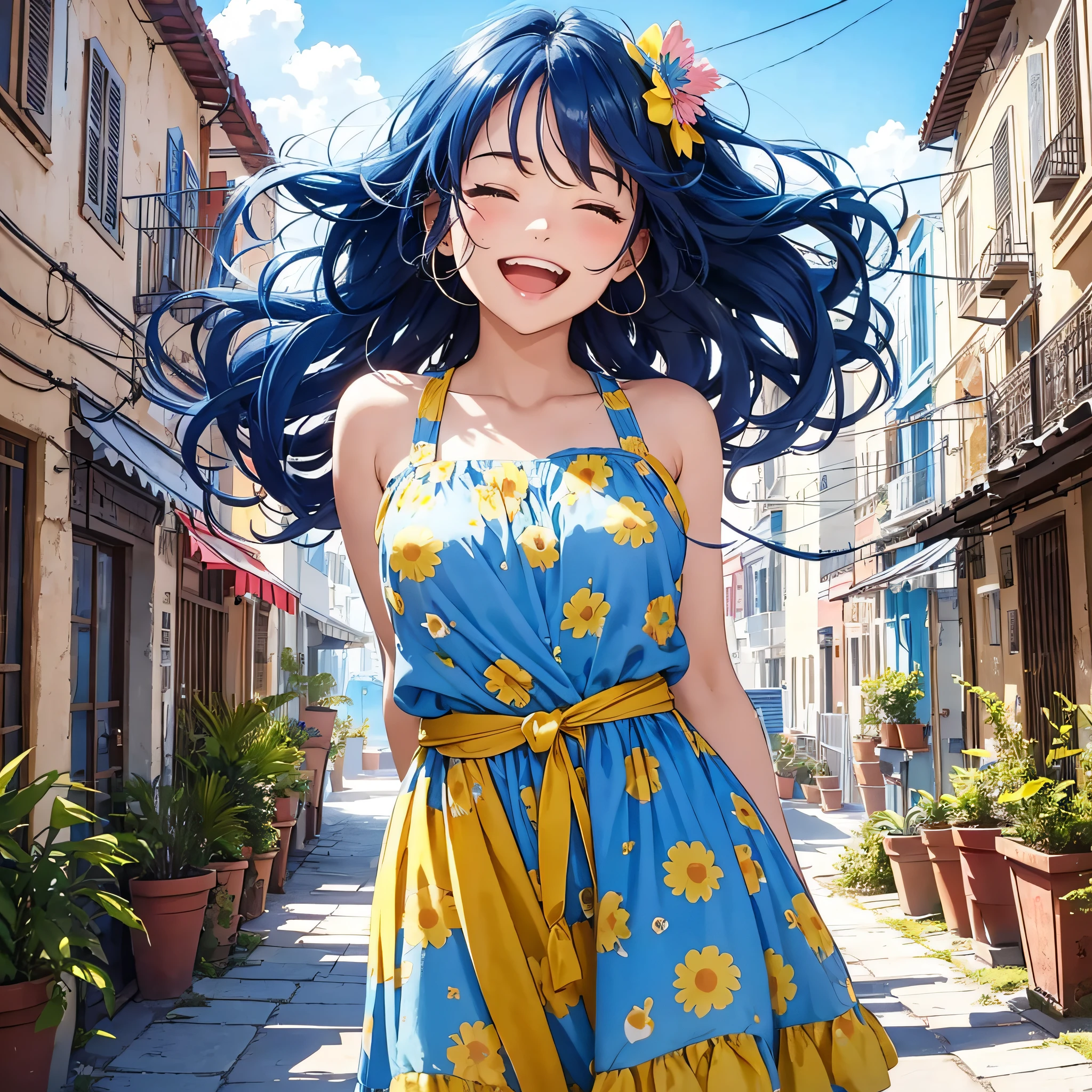 (best quality)+,(masterpiece)++,(ultra detailed)++, ((Add layer)), sunny lighting, BREAK,
Facial expression: A happy girl, laughing, with her eyes closed.

Hairstyle: A long, curly hair, with a blue hairpin adorned on the side.

Clothing: She is wearing a yellow sundress with white stripes and a pink ribbon at the waist.

Weather conditions: It's summer, and it's sunny with few clouds in the sky.

Building conditions: The colorful buildings have a Mediterranean-style architecture, clustered along the seaside road.

Terrain conditions: The hilly terrain is covered in grassy fields overlooking the sea.

Lighting: The mid-day sun casts a bright and warm light, illuminating everything in its path in animation style.
nice hands, perfect hands,