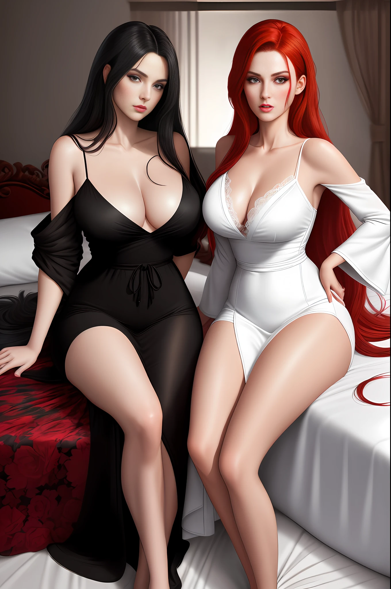 MaraH Uchiha A beautiful bold woman of western appearance, ultra realistic, large pointed ???????, thin waist, (long messy black colored hair), slender, a beautiful, red colored eyes. She is wearing only a thin wet white bathrobe, open bathrobe, white lace panties, lying on the bed, sitting on the bed, bedroom, sheets, pillows, tall and slender, look and provocative face, (realistic and detailed photo, best quality, a masterpiece, 8K, vibrant colors, hyper detailed) realistic style, she is with a glass in her hand next to a red-haired woman with the ???????????,  Slim waist and red hair, her eyes blue and she's wearing a ???? dress glued to her body