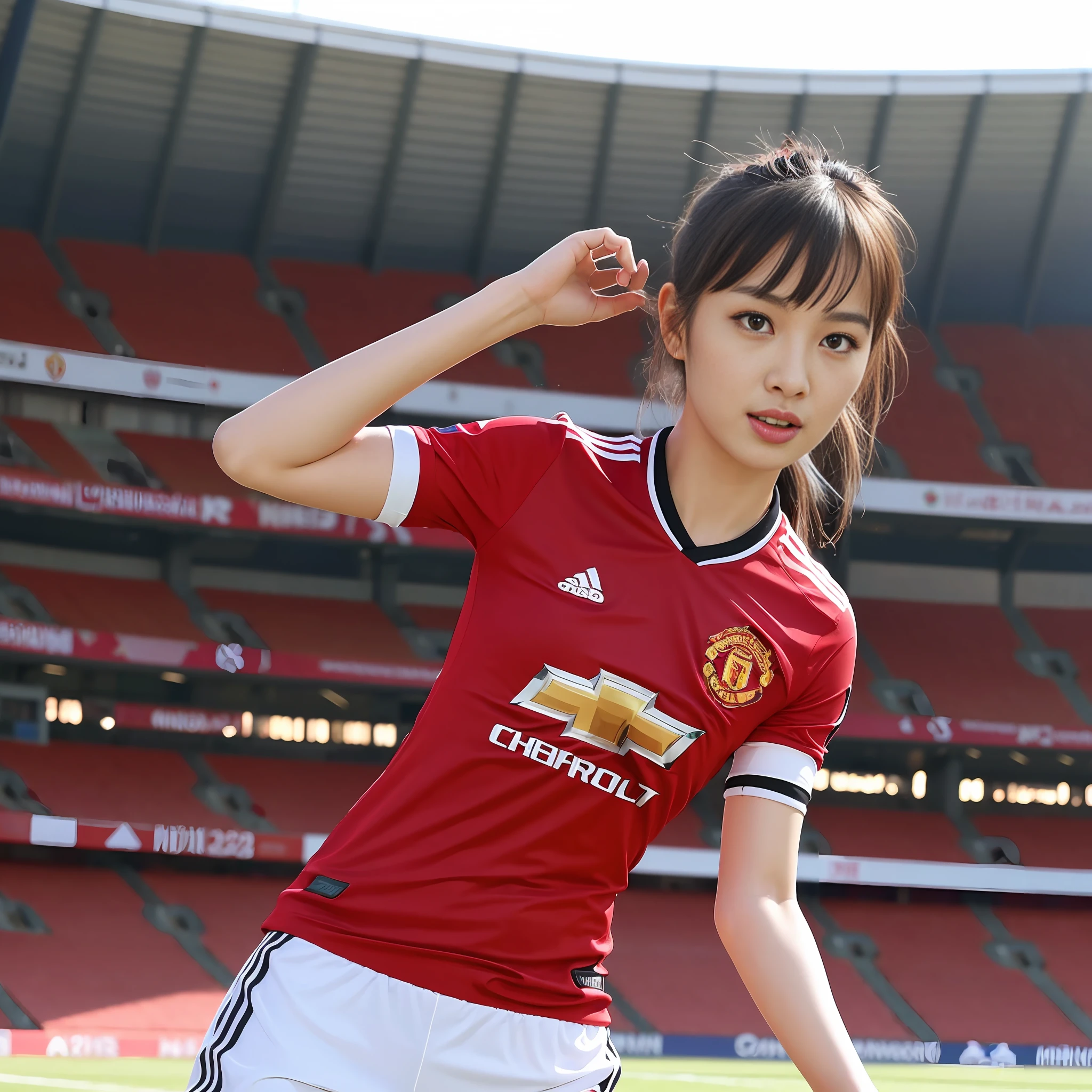 Beautyfull asian girl ever,wearing tight Manchester united home jersey ((2023 2024 season)), random posing,empty stadium at background, highly detailed,high resolution, 1 girl, perfect body, perfect face, erotic sexy posing, huge breasts