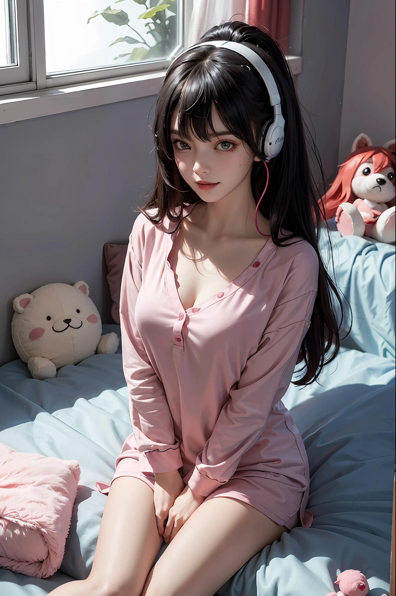 1 girl, esports girl, computer, headphones, fluffy loose cartoon pajamas, smile, sitting on sofa, black hair, red bangs, hair dye, starry eyes, character focus, messy bedroom, teenage bedroom, pink room, stuffed toy, bed, window, Tyndall effect