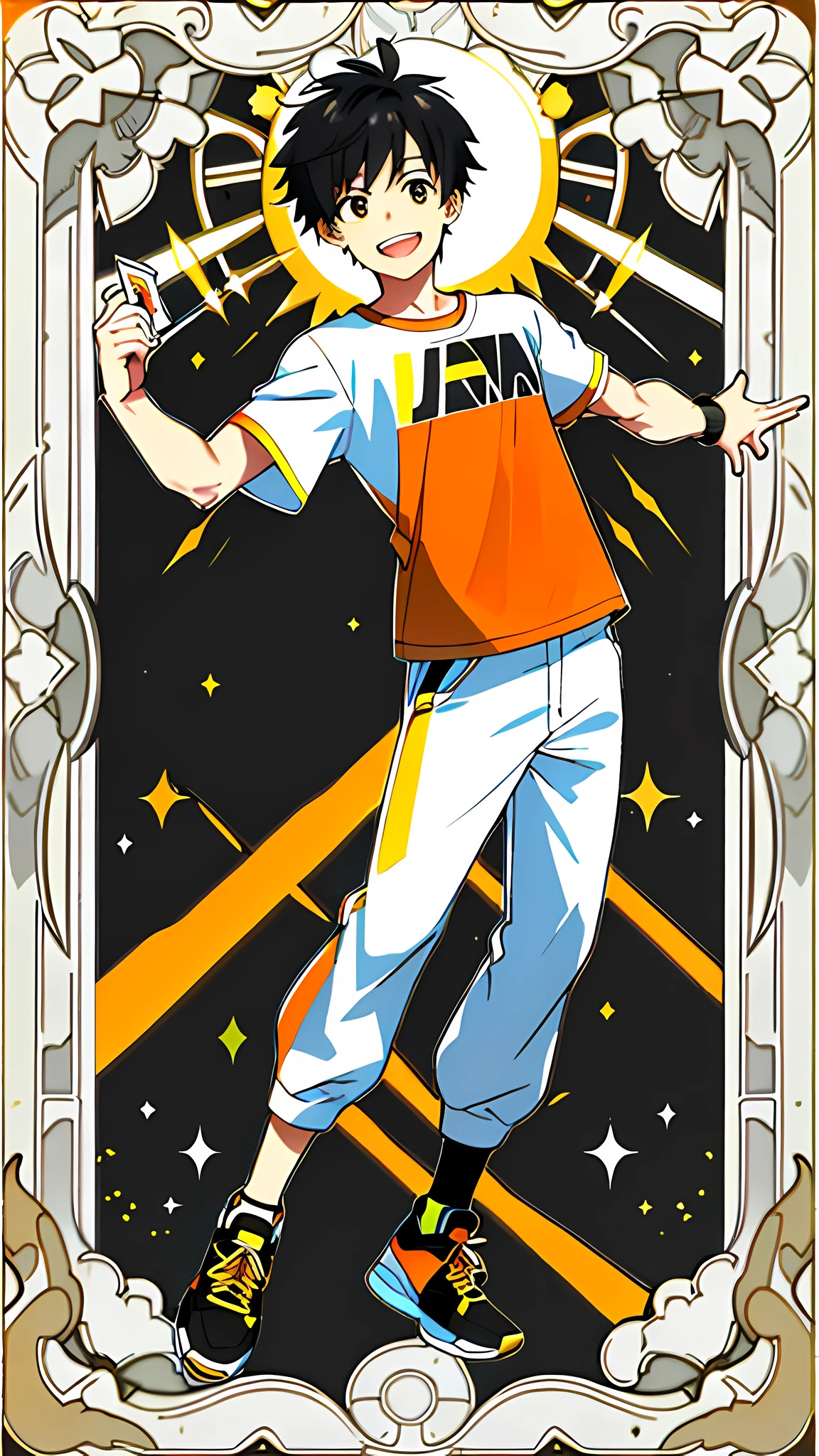 masterpiece, best quality, full body, card, 1 man, the sun, happy, laugh, short hair, black hair, standing, white, light,  yellow, orange, black,  buzz cut, bara, street style, white t-shirt, sport, center, man, looking at viewer, holding nothing, dancer, street, electric, hiphop,