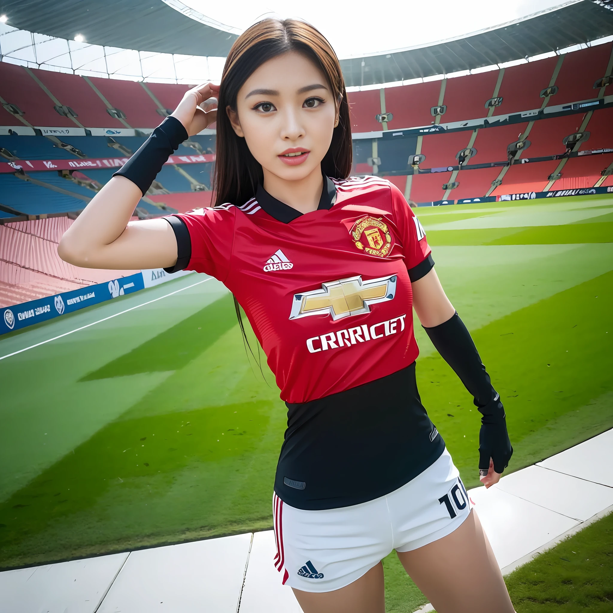Beautyfull asian girl ever,wearing tight Manchester united home jersey ((2023 2024 season)),big huge boobs, random posing,empty stadium at background, highly detailed,high resolution, 1 girl, perfect body, perfect face