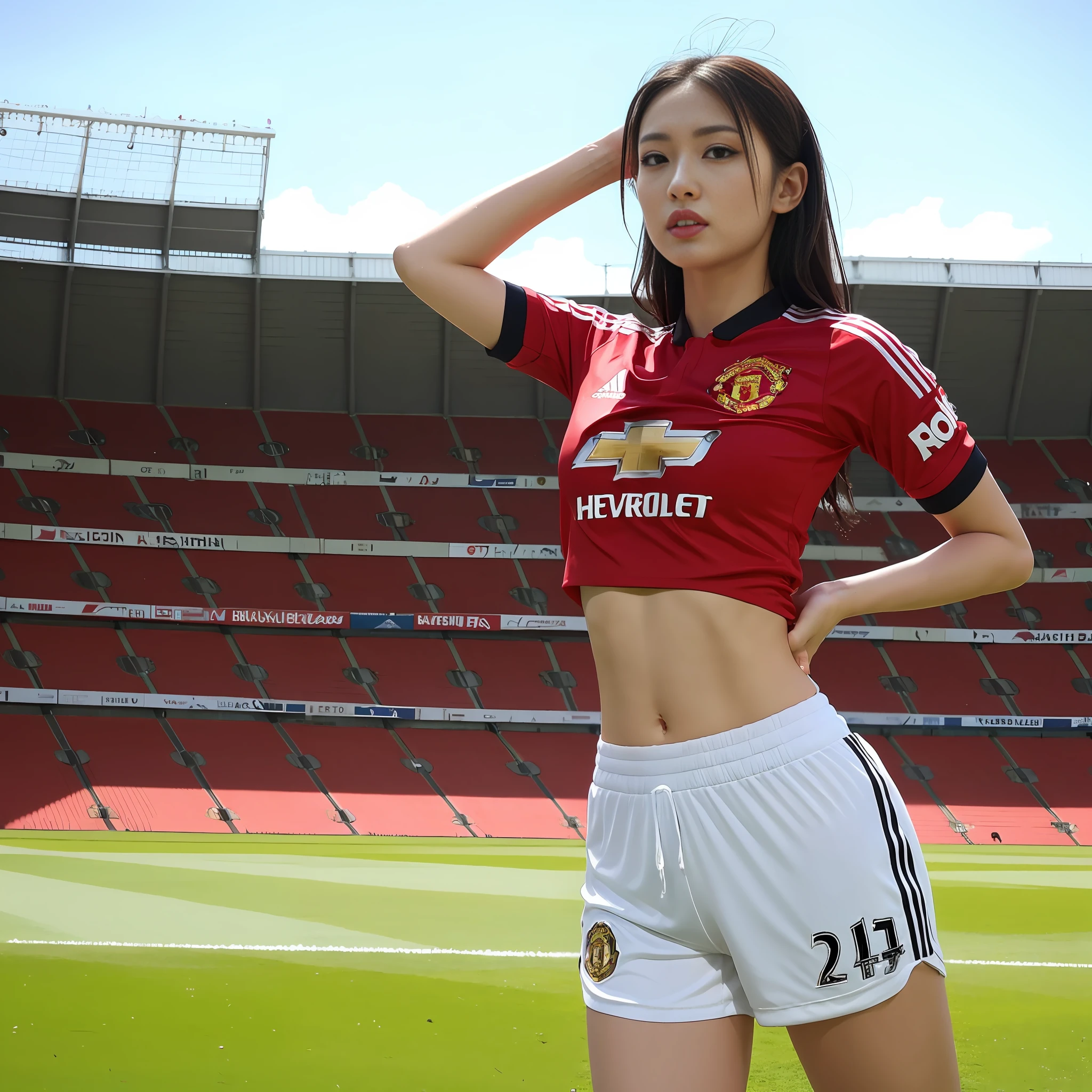 Beautyfull asian girl ever,wearing tight Manchester united home jersey ((2023 2024 season)),big huge boobs, random posing,empty stadium at background, highly detailed,high resolution, 1 girl, perfect body, perfect face