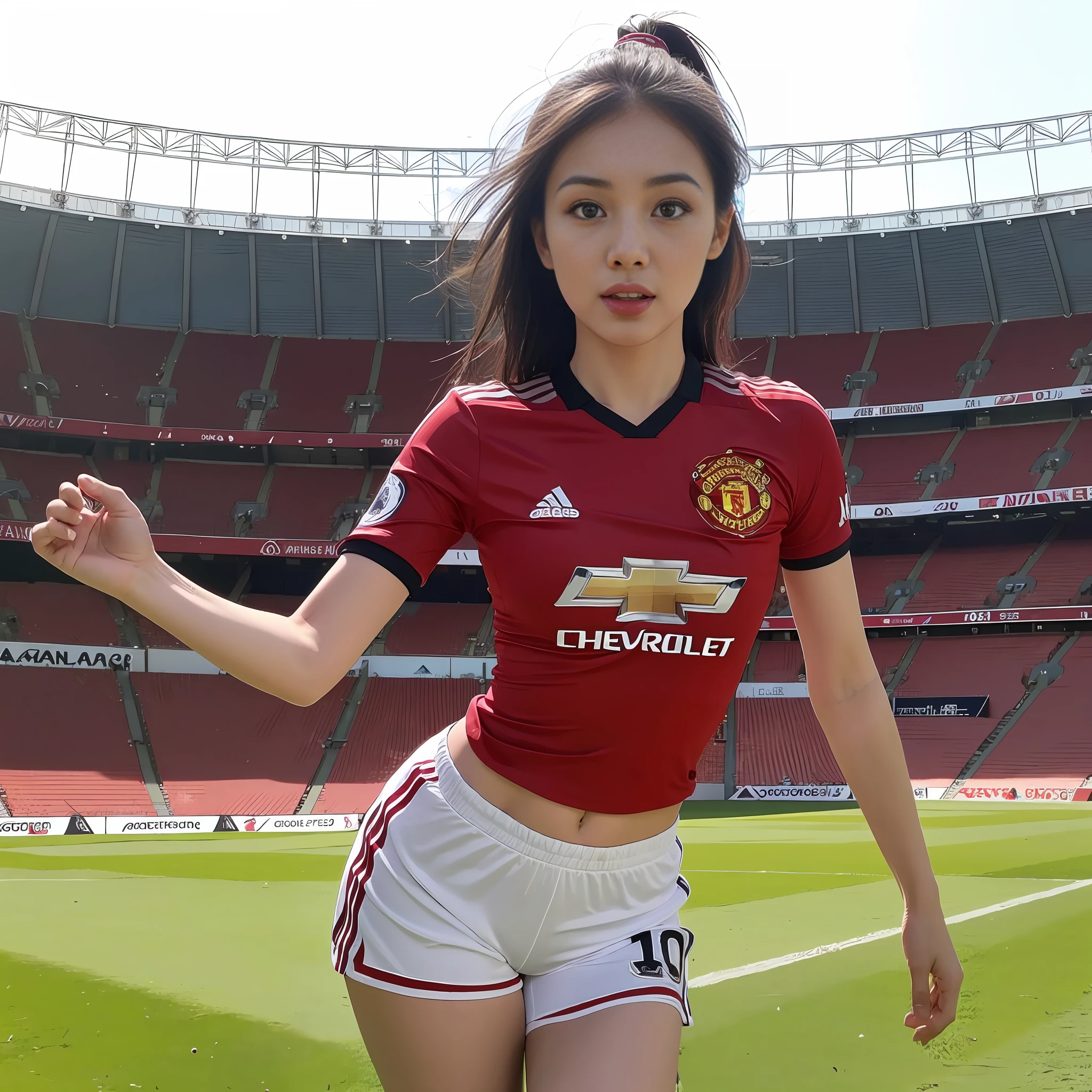 Beautyfull asian girl ever,wearing tight Manchester united home jersey ((2023 2024 season)),big huge boobs, random posing,empty stadium at background, highly detailed,high resolution, 1 girl, perfect body, perfect face