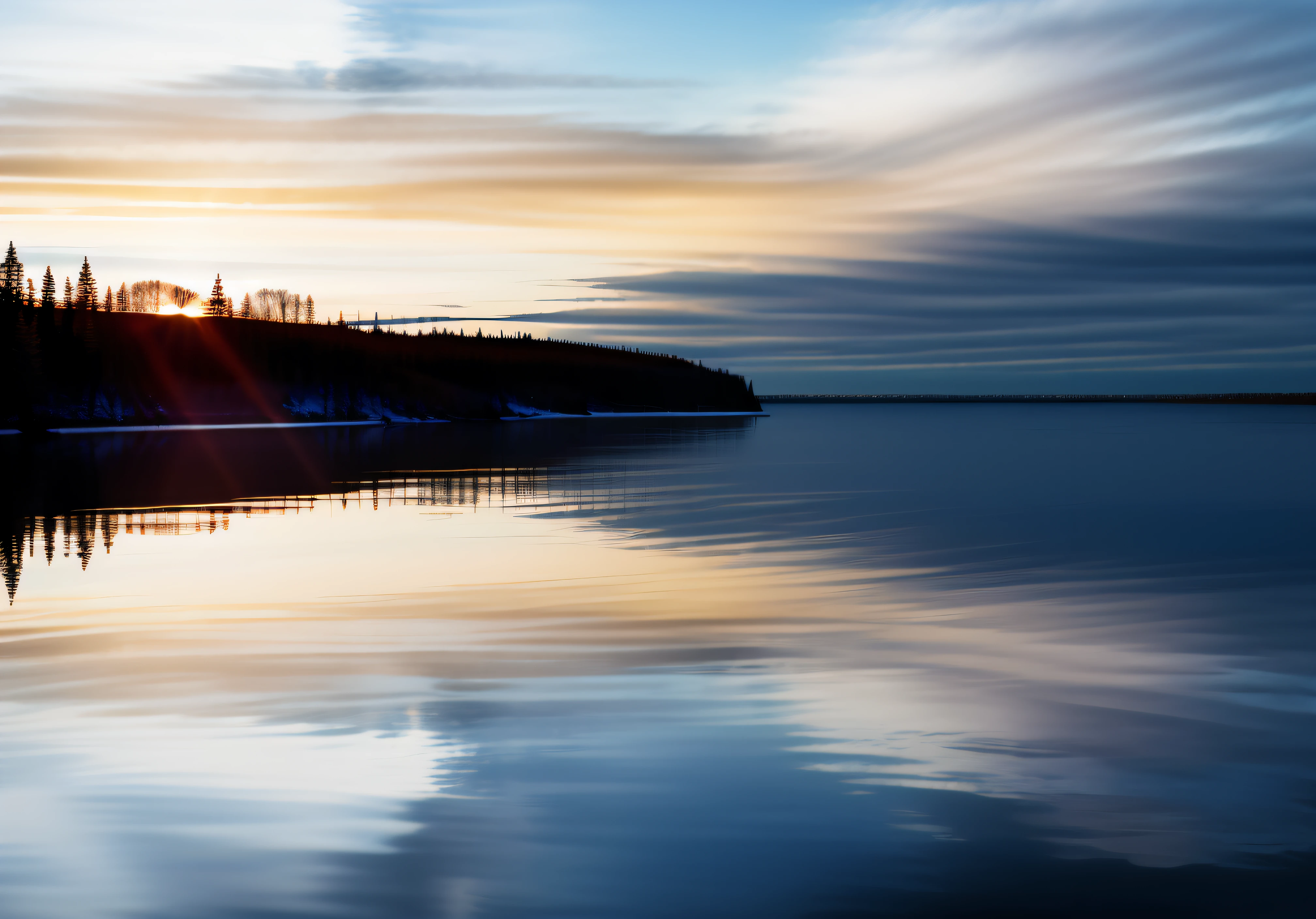 Photograph of a lake, superior quality, with reflection in the water, with sunset