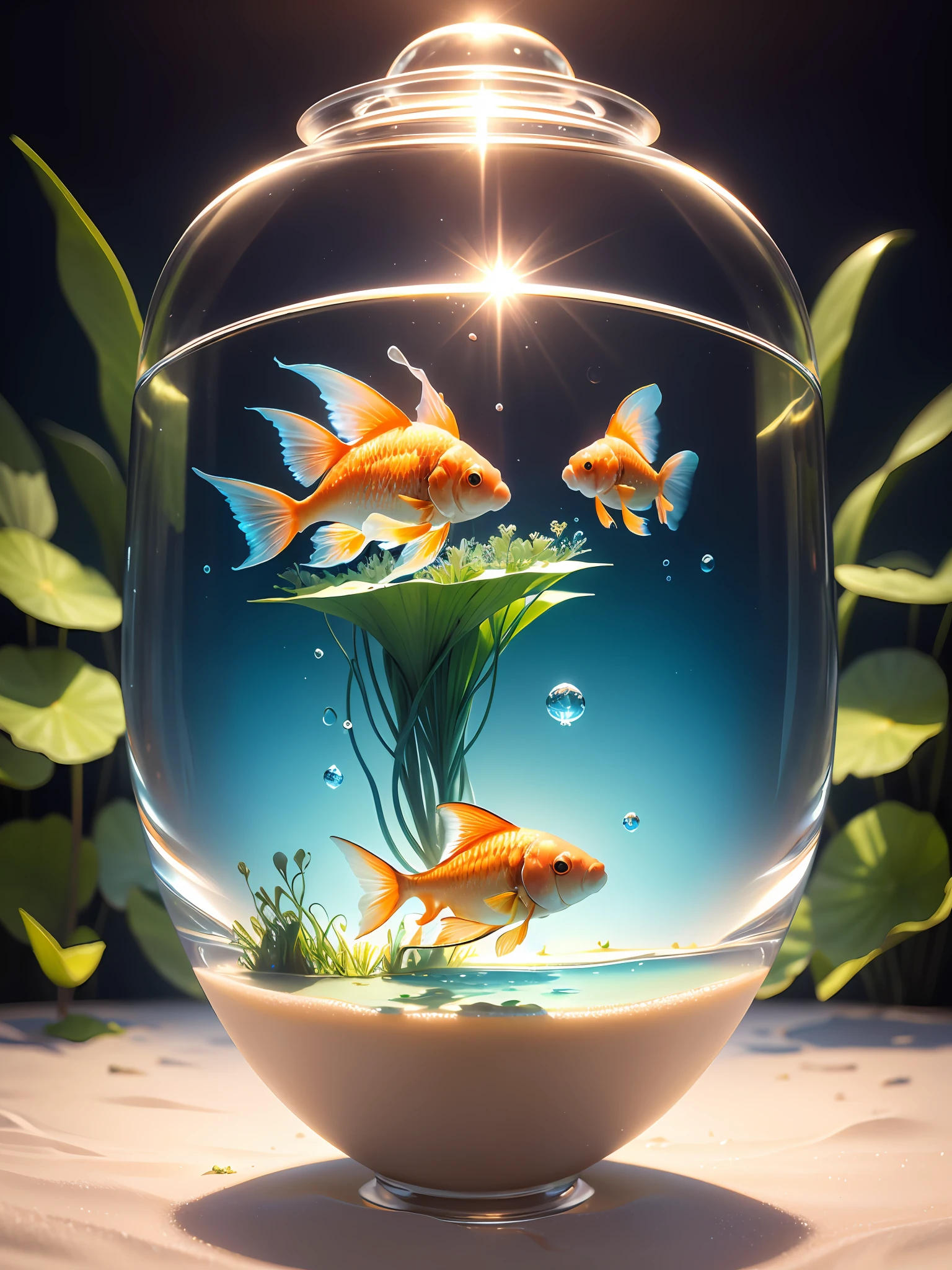 Ultra-realistic, 16K high resolution, (Max Sharp Focus: 1.3), (Max Close-up: 0.5), (Underwater goldfish trapped in a crystal perfect ball with pedestal on table: 1.7), (Water lilies, floating grass, white sand, blue backlight: 1.3)
