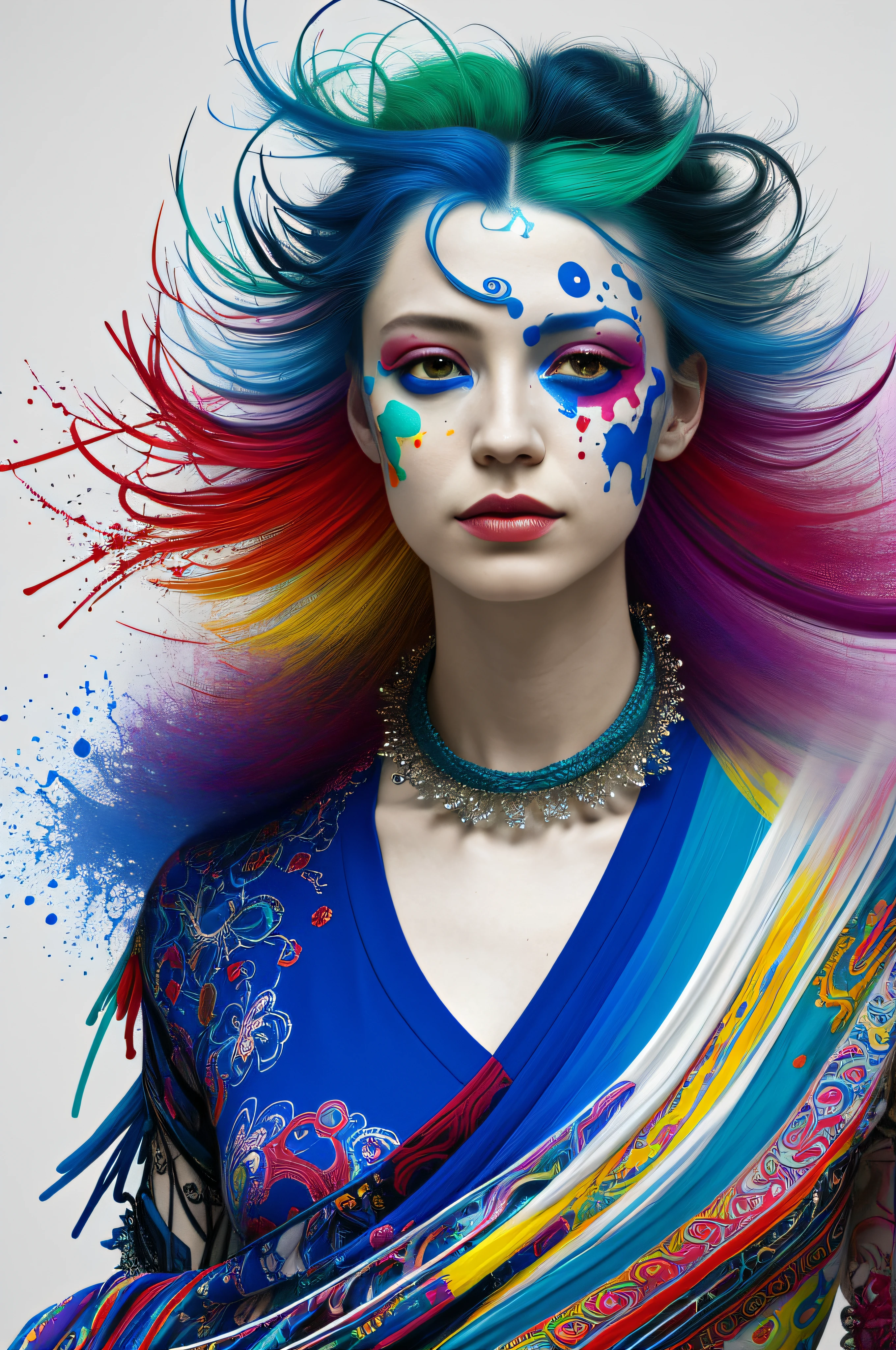 a woman with blue hair wearing a colorful outfit and a colorful background with paint splatters on it, by Hirohiko Araki,official art, unity 8k wallpaper, ultra detailed, beautiful and aesthetic, masterpiece, best quality, (zentangle, mandala, tangle, entangle), 1girl, extremely detailed, dynamic angle, cowboyshot, the most beautiful form of chaos, elegant, a brutalist designed, vivid colours, romanticism, by james jean, roby dwi antono, ross tran, francis bacon, michal mraz, adrian ghenie, petra cortright, gerhard richter, takato yamamoto, ashley wood, atmospheric, ecstasy of musical notes, streaming musical notes visible
