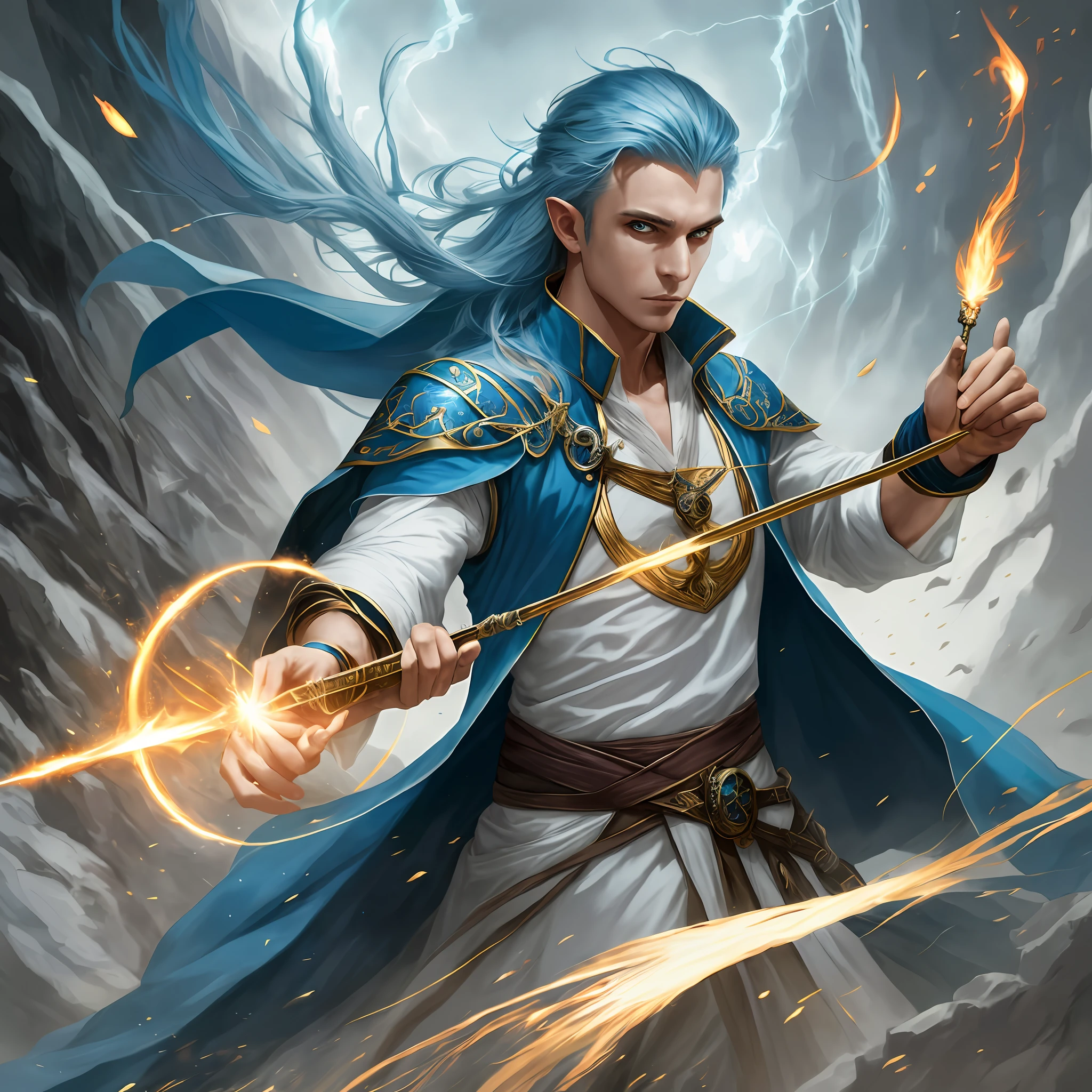 The blue-haired witch Alaferd holds a magic wand and casts "Caladin Storm Blessing", high-quality fantasy card game art, Qinghai wizard performs arcane magic, thin mage performs "Casimir Art", perfectly presents fantasy mage, exquisite half-elf wizard, dream elements condense the perfect picture.