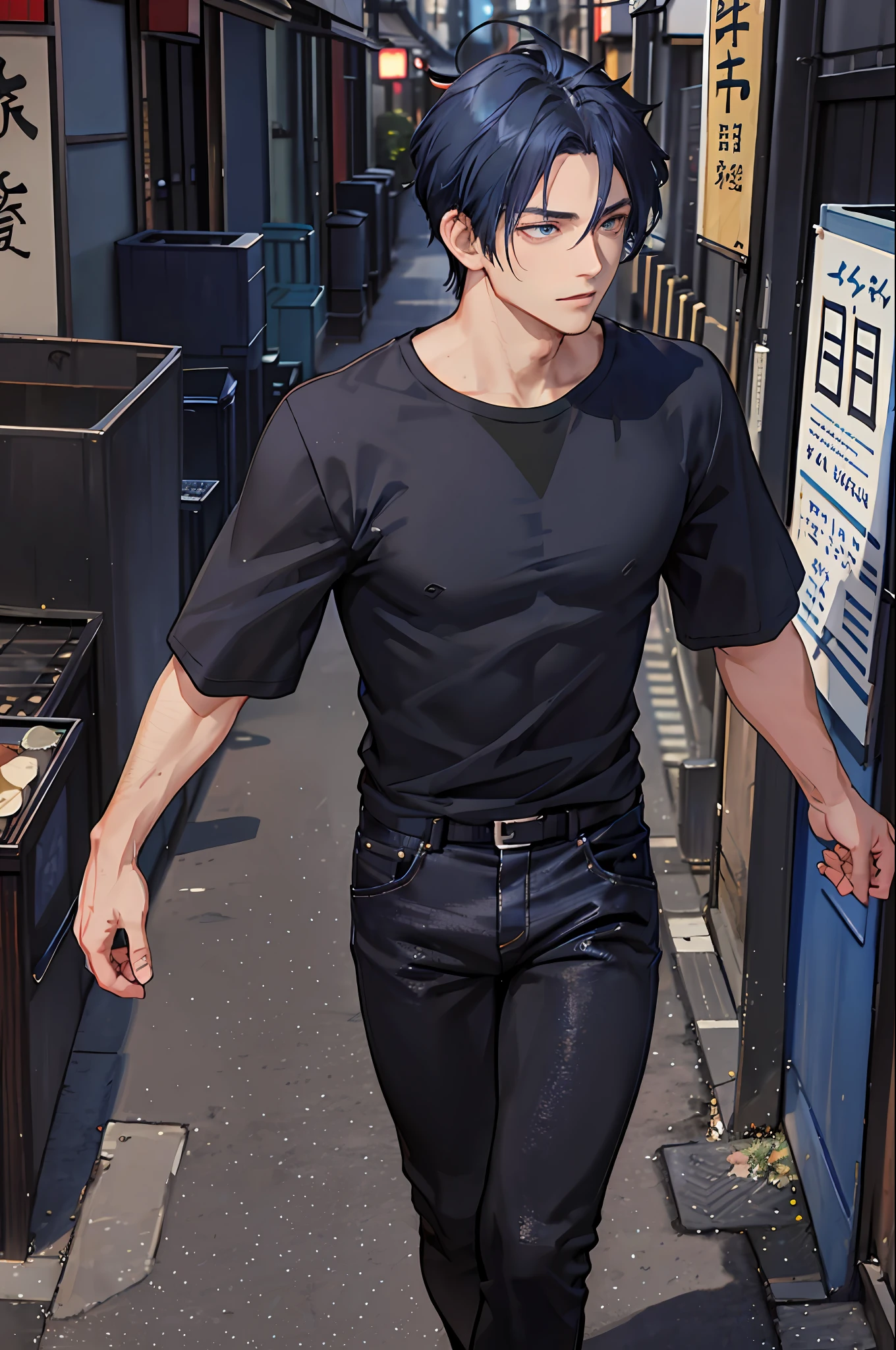 1boy, [detailed background (japan alley, tokyo, tokyo city)], indigo blue hair, dark indigo hair, short blue hair, comma hair, lean and muscular male, ((man wears a black t-shirt, black trousers)), correct limbs, correct anatomy, handsome, Eye details, beautiful eyes, delicate eyes, indigo blue eyes, broad chest, tiny waist