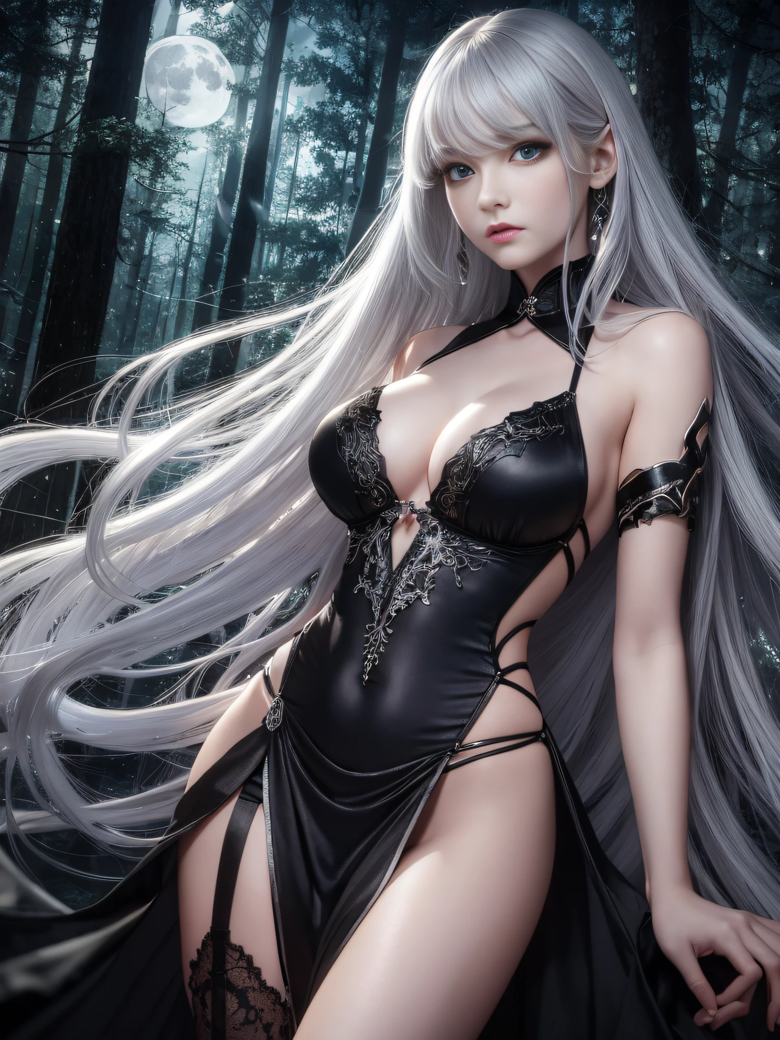 HDR (High Dynamic Range), Ray Tracing, NVIDIA, Long Haired Woman, Slim Figure, Curves, Long Legs, Delicate Facial Features, High Nose Bridge, Big Eyes, Sideways, Silver Hair, Feminine, Black Stockings, Forest at Night, Moon, Black Long Dress + Robe, Belly Button, Black Top, Good Fingers, Perfect Eyes, Blue Eyes, Angry Expression