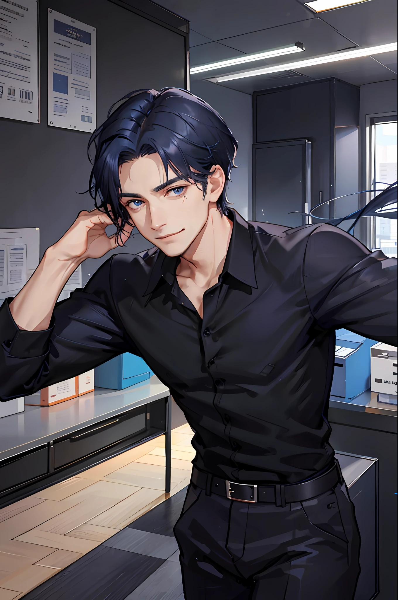 1boy, [detailed background (office, large office, workplace)], indigo blue hair, dark indigo hair, short blue hair, comma hair, lean and muscular male, ((man wears a black shirt, black trousers)), correct limbs, correct anatomy, handsome, Eye details, beautiful eyes, delicate eyes, indigo blue eyes, broad chest, broad shoulders, tiny waist, long legs, smirking