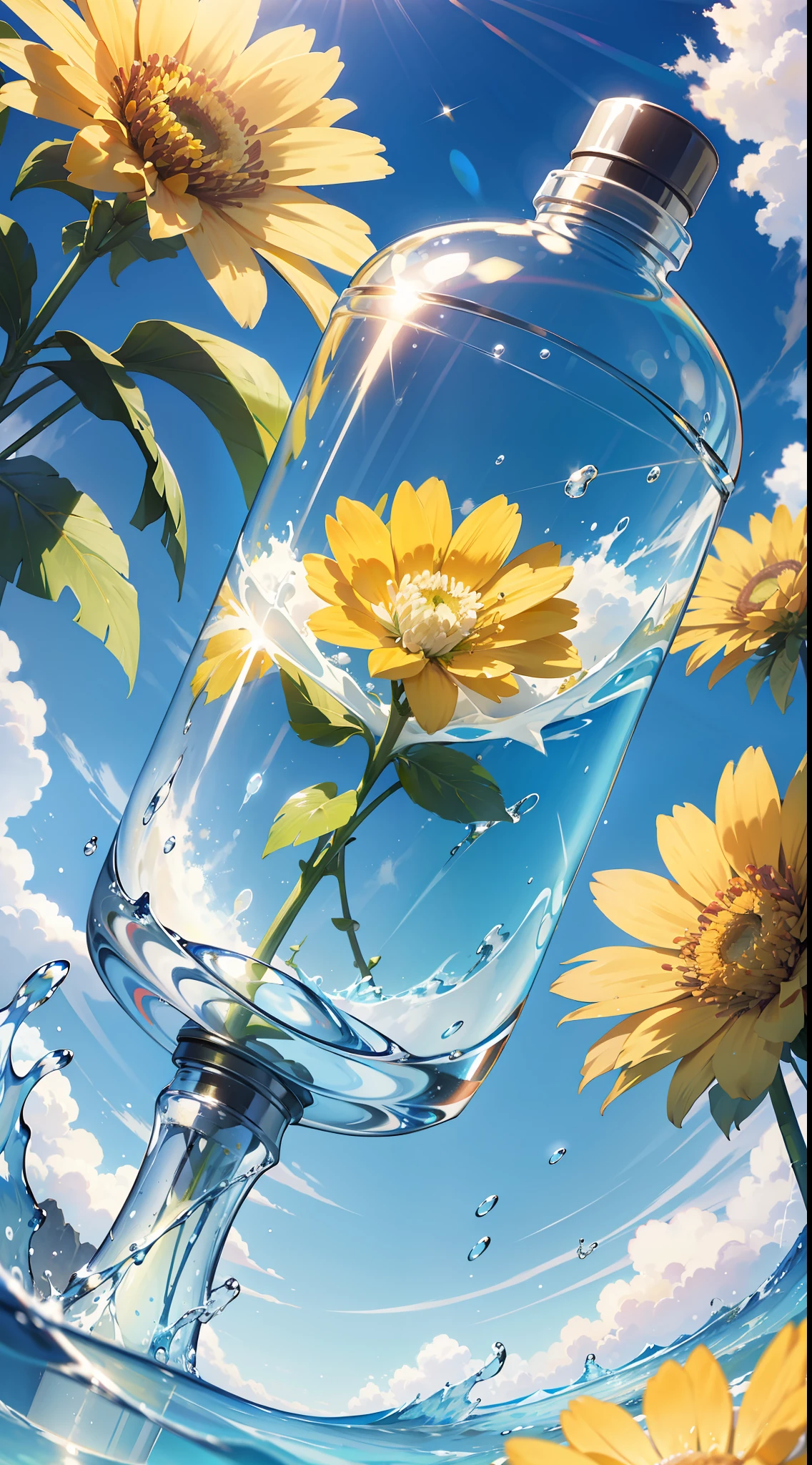 Hyper realistic scene, cosmetic bottle surrounded by yellow flowers, blue sky background, water, sunlight, low angle view, blender, product rendering, HD 8K. --v6