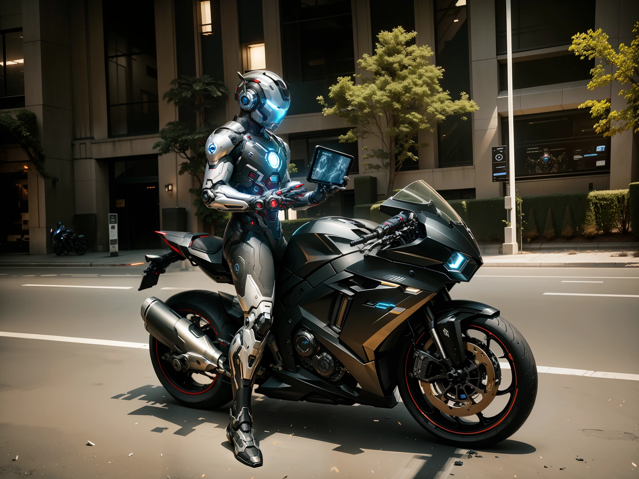 Cyber Iron Man One-handed Bie and Cyber Mechanical Motorcycle, Exquisite Black Tech Helmet, Nousr, Biomechanics, MSHN Robot Man, Tech Helmet, Hyperreal, Steel, Intricate Design, Crazy Detail, Fine Detail, Extremely Clear Lines, Cinematic Lighting, Photo Realistic, Detailed Masterpiece