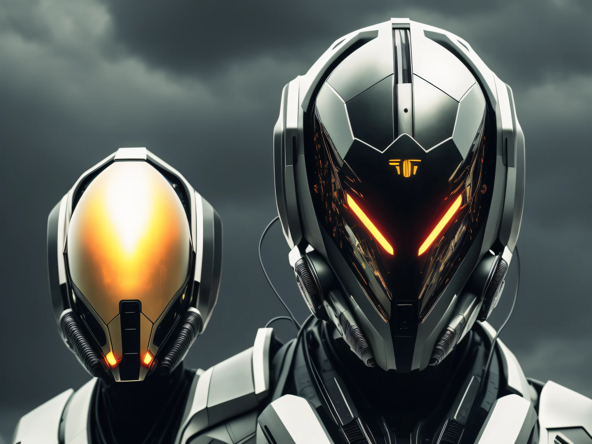 there are two robots that are standing next to each other, with futuristic gear and helmet, symmetry! futuristic robotic, metal and glowing eyes, glowing eyes in helmet, diverse cybersuits, futuristic clothing and helmet, cybersuits, crysis nanosuit, cyber suit, cybernetic wallpaper, scifi robots, symmetry!! portrait of cyborg, cybernetic and highly detailed