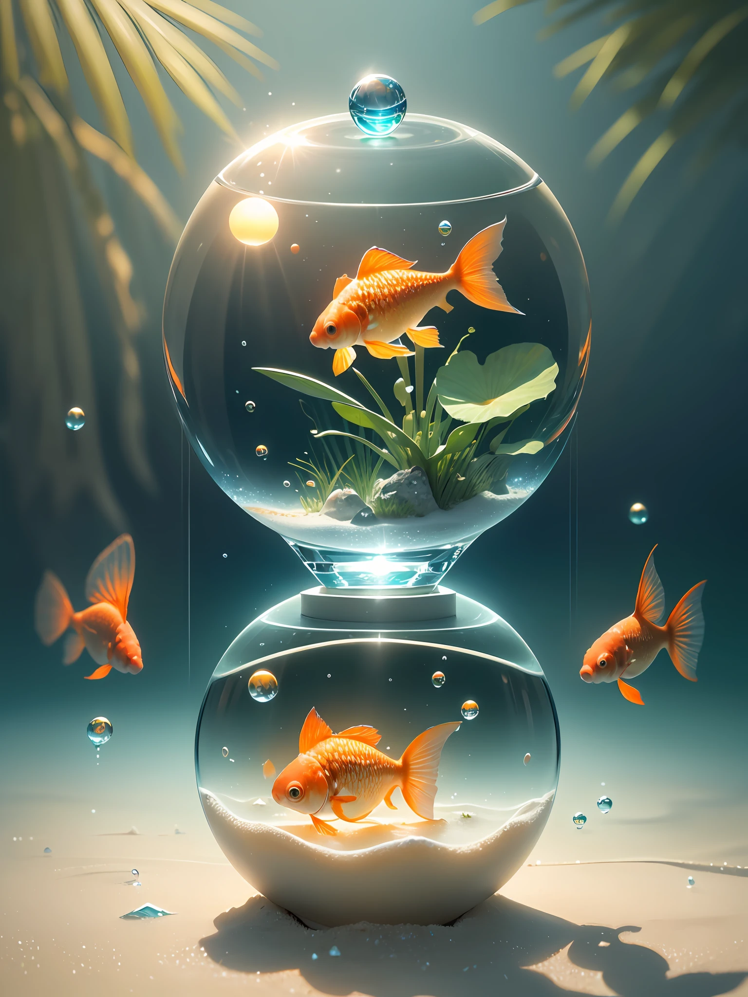 Ultra-realistic, 16K high resolution, (Max Sharp Focus: 1.3), (Max Close-up: 0.5), (Underwater goldfish trapped in a crystal perfect ball with pedestal on table: 1.7), (Water lilies, floating grass, white sand, blue backlight: 1.3)