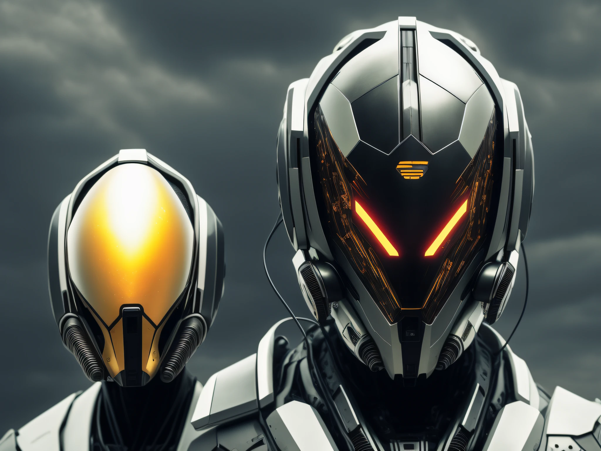 there are two robots that are standing next to each other, with futuristic gear and helmet, symmetry! futuristic robotic, metal and glowing eyes, glowing eyes in helmet, diverse cybersuits, futuristic clothing and helmet, cybersuits, crysis nanosuit, cyber suit, cybernetic wallpaper, scifi robots, symmetry!! portrait of cyborg, cybernetic and highly detailed