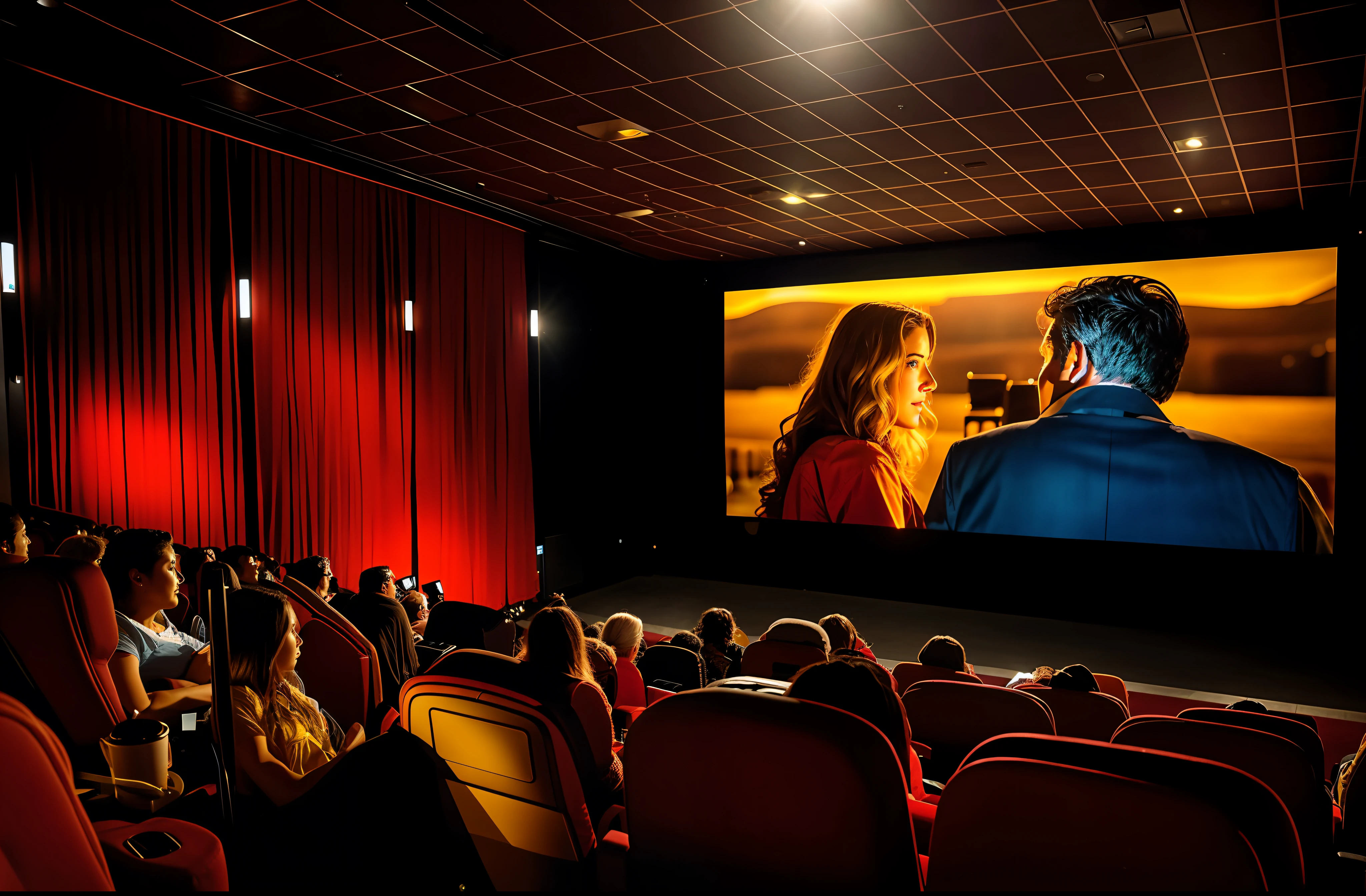 people watching a movie on a large screen in a theater, sitting in a movie theater, in a cinema, photo of the cinema screen, award-winning cinema, cinematic flavor, cinematic screen, expansive cinematic view, cinema, in a movie still cinematic, cinema still, movie, cinematic movie image, cinematic view!!!, cinematic view, with people watching in wonder