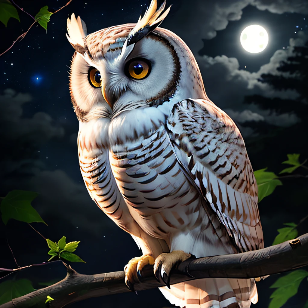 high quality, owl, big eyes, white fluff, totally white owl, blue eyes, big claws, very tall tree, owl perched on a branch, dense night, dark night, few stars in the sky, cloudy night