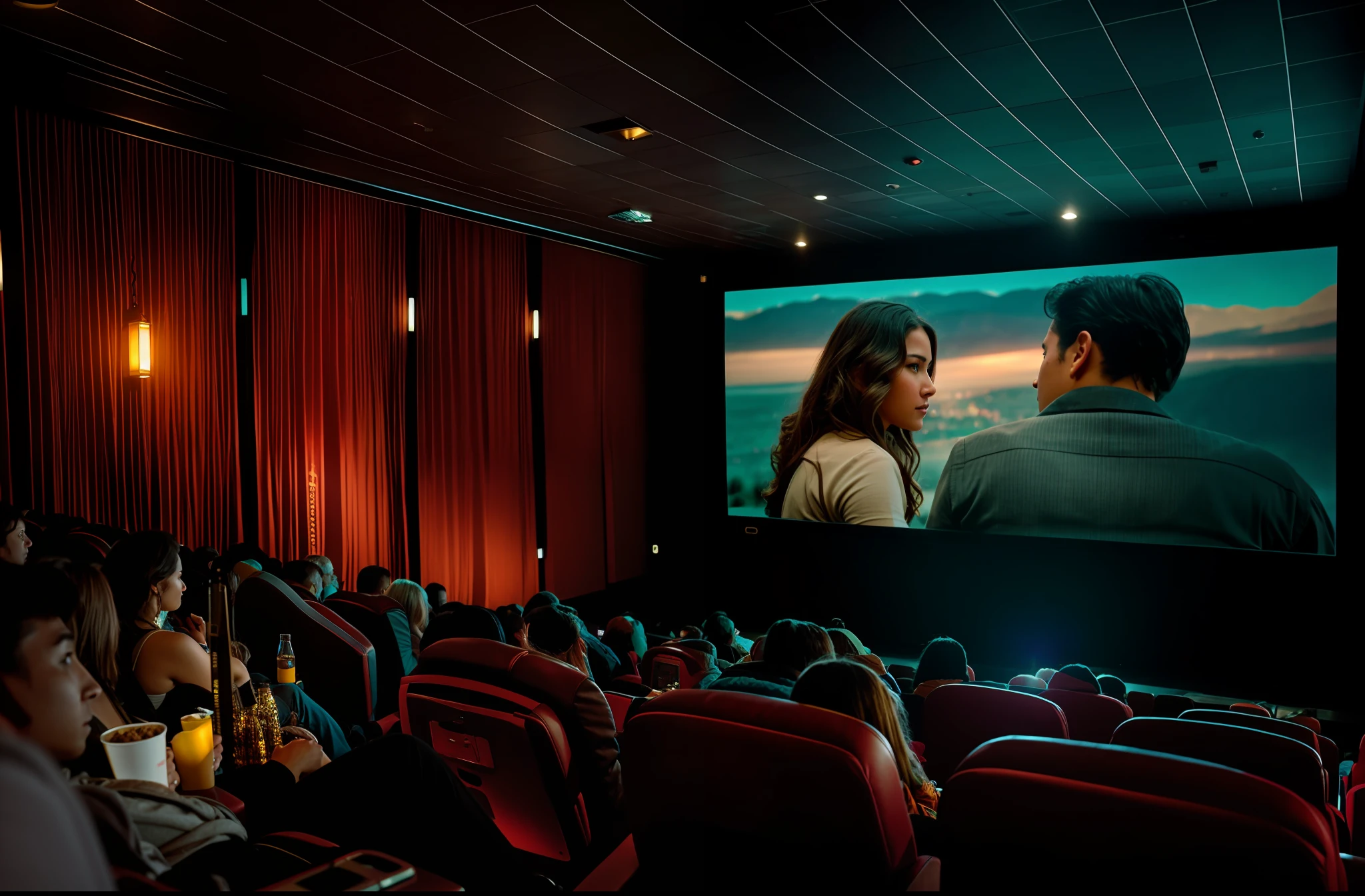 people watching a movie on a large screen in a theater, sitting in a movie theater, in a cinema, photo of the cinema screen, award-winning cinema, cinematic flavor, cinematic screen, expansive cinematic view, cinema, in a movie still cinematic, cinema still, movie, cinematic movie image, cinematic view!!!, cinematic view, with people watching in wonder