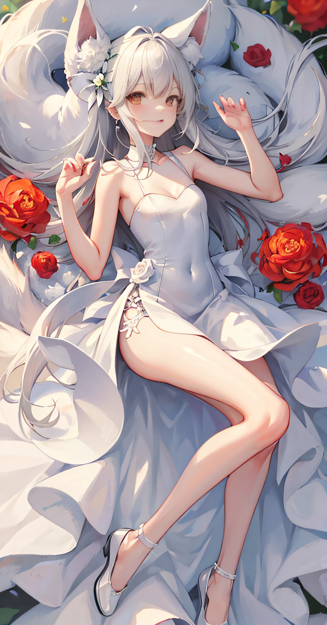 Nine-tailed fox, a fox, slender legs, small white shoes, wedding dress