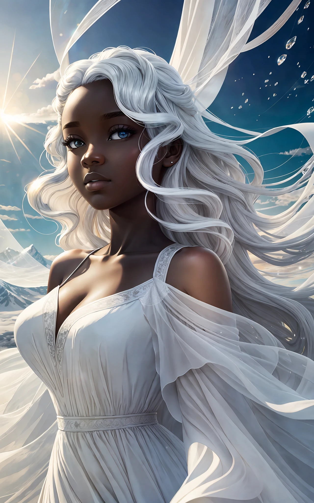 award winning 64k concept art of (black 1girl:1.2) in white majestic open dress standing proudly in the mountains, posing, epic, god rays, centered, (masterpiece:1.2), (best quality:1.2), Amazing, highly detailed, beautiful, finely detailed, warm soft color grading, Depth of field, extremely detailed 64k, fine art, stunning, iridescent, shiny, (light reflections:1.2), (crisp:1.5), white curls, wind, vibrant, sunlit, (edge detection:1.2), absurdres, by Katie Daisy, impressive, 120mm
