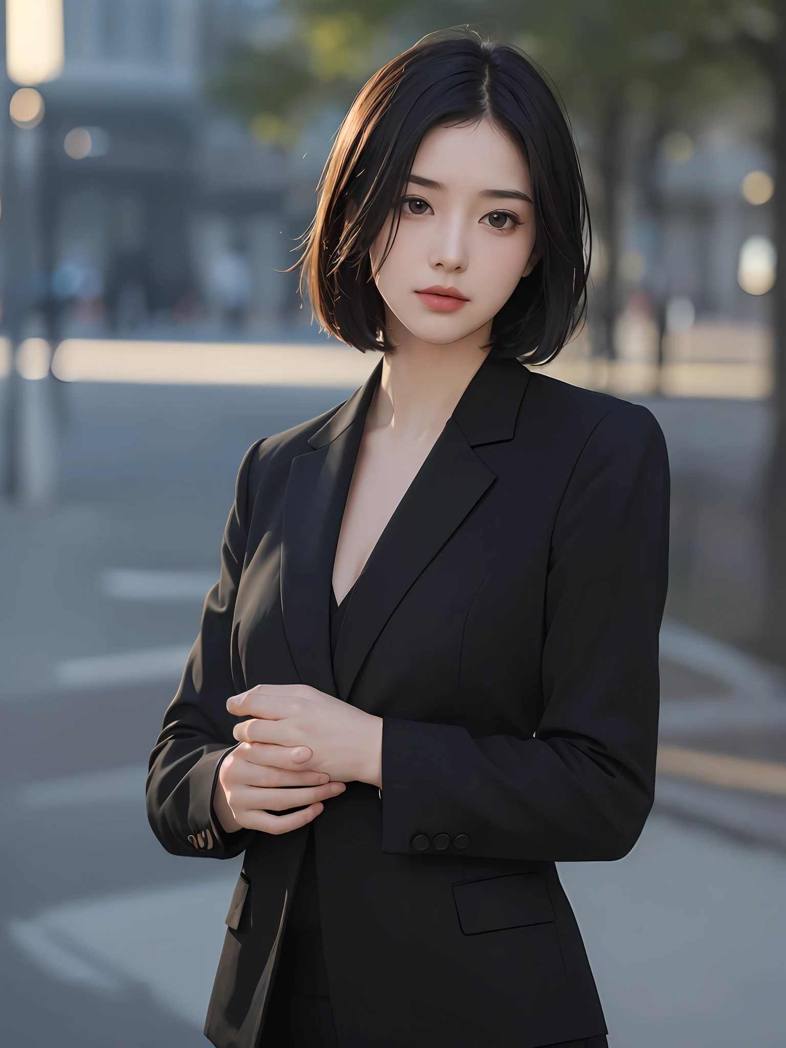 Top quality, masterpiece, ultra high resolution, (photorealistic: 1.5), raw photo, 1 girl, bright, deep shadows, understated, cold light, short hair, black suit, frontal, upper body, folded hands
