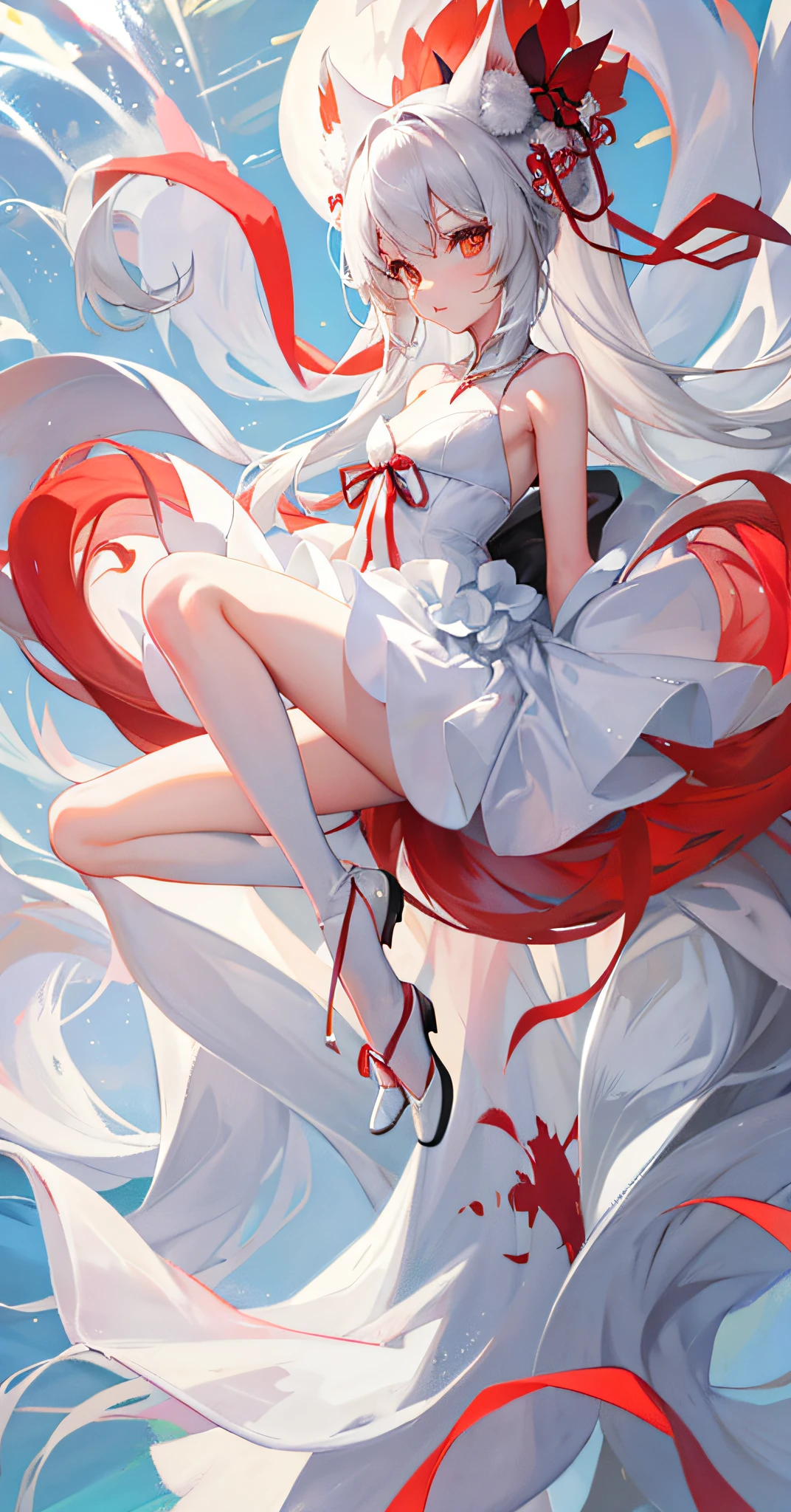 Nine-tailed fox, a fox, slender legs, small white shoes, wedding dress