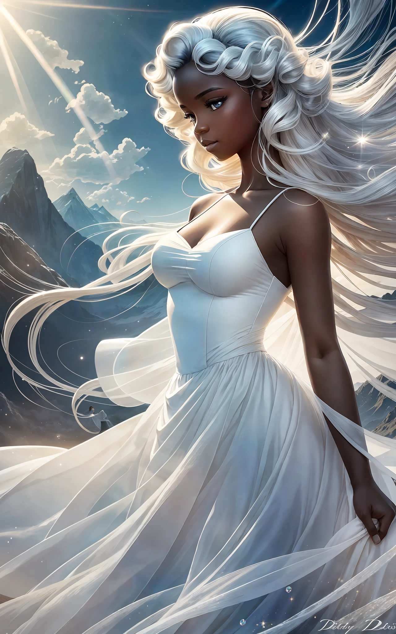 award winning 64k concept art of (black 1girl:1.2) in white majestic open dress standing proudly in the mountains, posing, epic, god rays, centered, (masterpiece:1.2), (best quality:1.2), Amazing, highly detailed, beautiful, finely detailed, warm soft color grading, Depth of field, extremely detailed 64k, fine art, stunning, iridescent, shiny, (light reflections:1.2), (crisp:1.5), white curls, wind, vibrant, sunlit, (edge detection:1.2), absurdres, by Katie Daisy, impressive, 120mm