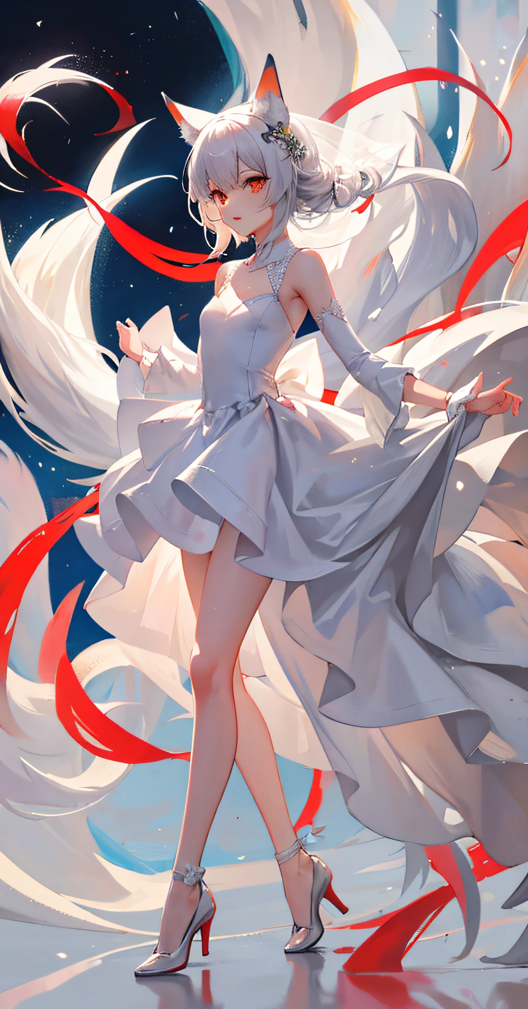 Nine-tailed fox, a fox, slender legs, small white shoes, wedding dress