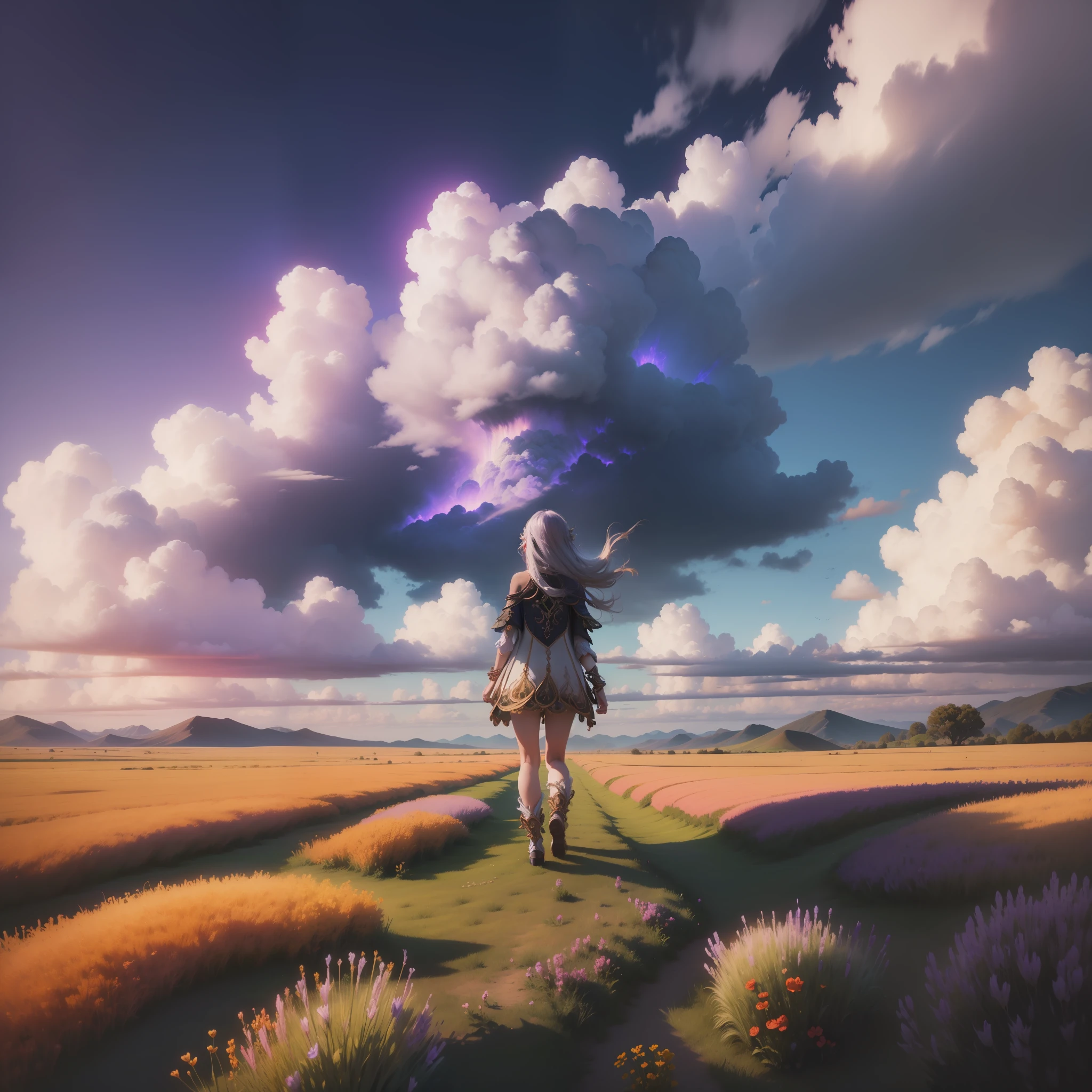 expansive landscape photograph , (a view from below that shows sky above and open field below), a girl standing on flower field looking up, bright sunny day (clouds:1.2), distant mountain, tree BREAK
production art, lot of purple and orange, intricate details, volumetric lighting, realism BREAK
(masterpiece:1.2), detailed shadows, (best quality), 4k, ultra-detailed, (dynamic composition:1.4), highly detailed, colorful details,( iridescent colors:1.2), (glowing lighting, atmospheric lighting), dreamy, magical, (solo:1.2)