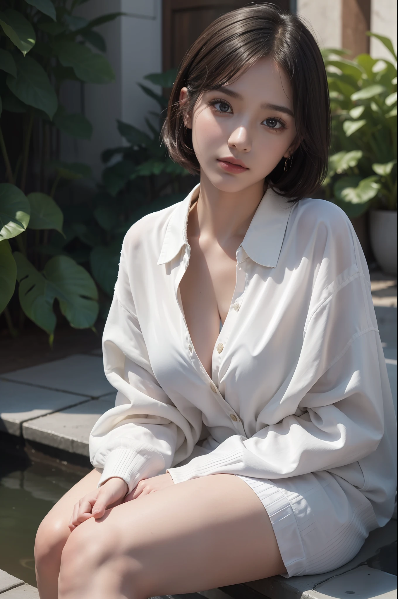 20 year old surreal idol, sitting on a tiny puddle, inner thigh, knee bent, crotch soaked, short layer hair, RAW,(8k, best quality, masterpiece:1.2),(intricate detail: 1.4),(photorealistic:1.4),octane rendering, complex 3d rendering Ultra detailed, studio soft light, rim light, vivid details, super detail, realistic skin texture, detail face, beautiful detail eyes, very detailed cg unity 8k wallpaper, makeup, (detailed background:1.2),