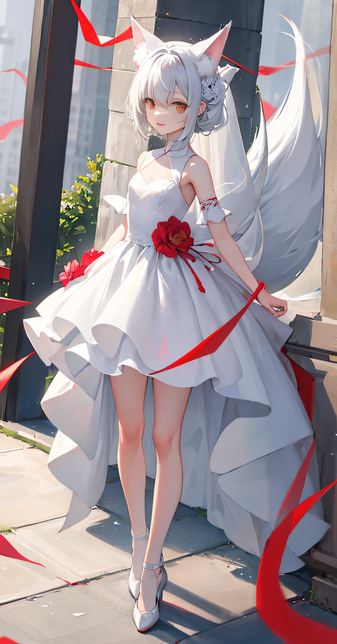 Nine-tailed fox, a fox, slender legs, small white shoes, wedding dress