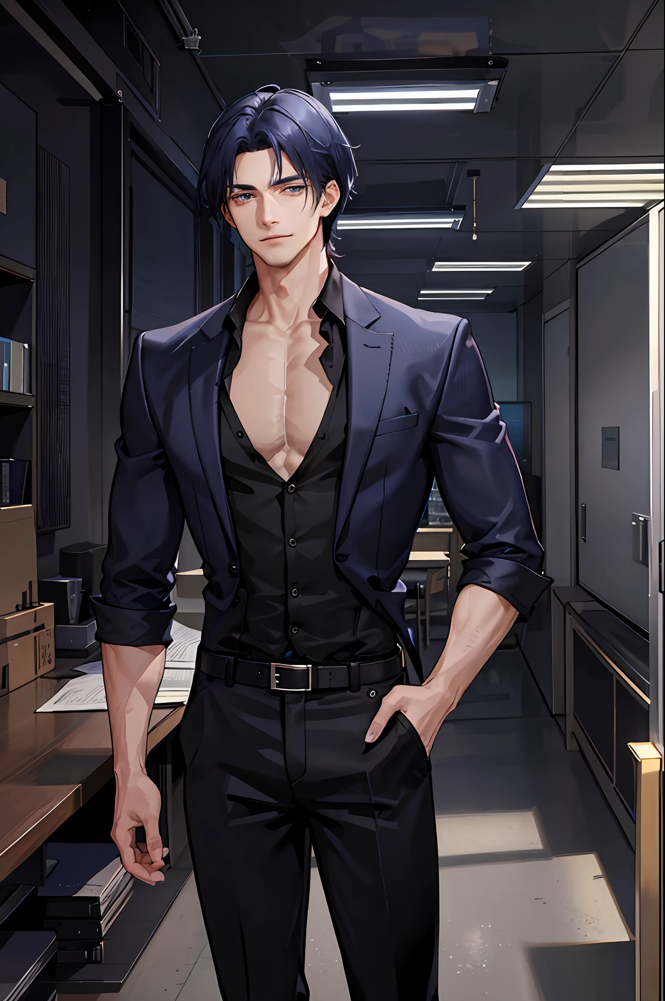 1boy, [detailed background (office, large office, workplace)], indigo blue hair, dark indigo hair, short blue hair, comma hair, lean and muscular male, alpha male, masculine male, ((man wears a black shirt half unbuttoned, black suit, black trousers)), correct limbs, correct anatomy, handsome, Eye details, beautiful eyes, delicate eyes, indigo blue eyes, broad chest, broad shoulders, tiny waist, long legs, smirking