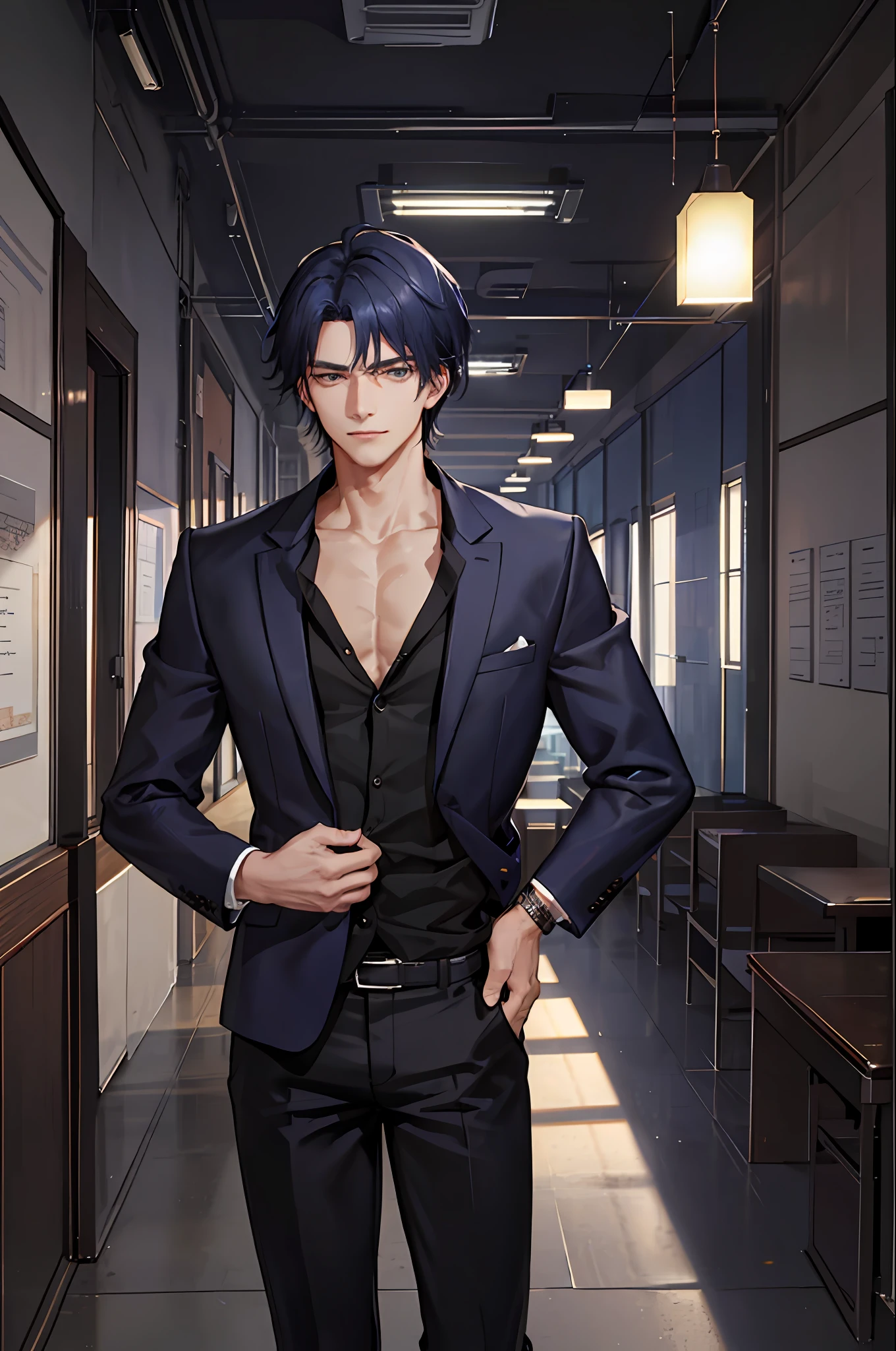 1boy, [detailed background (office, large office, workplace)], indigo blue hair, dark indigo hair, short blue hair, comma hair, lean and muscular male, alpha male, masculine male, ((man wears a black shirt half unbuttoned, black suit, black trousers)), correct limbs, correct anatomy, handsome, Eye details, beautiful eyes, delicate eyes, indigo blue eyes, broad chest, broad shoulders, tiny waist, long legs, smirking