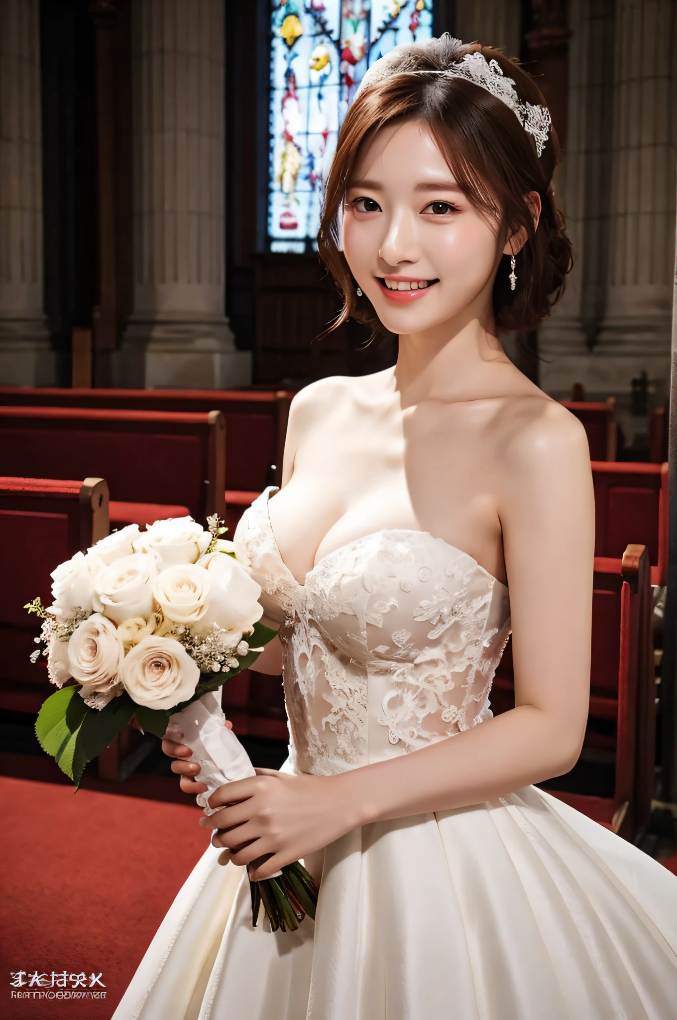 (best quality), masterpiece, (photo realistic:1.5), 8k quality, 1 beautiful girl, 18 years old, full body, (large breasts:1.4), dark brown hair, brown eyes, front, detailed face, beautiful eyes, looking at viewer, smile, BREAK, wearing mighty sexy wedding dress, one shoulder dress, standing in a beautiful church, holding a bouquet with both hands, (ulzzang-6500-v1.1:0.1)