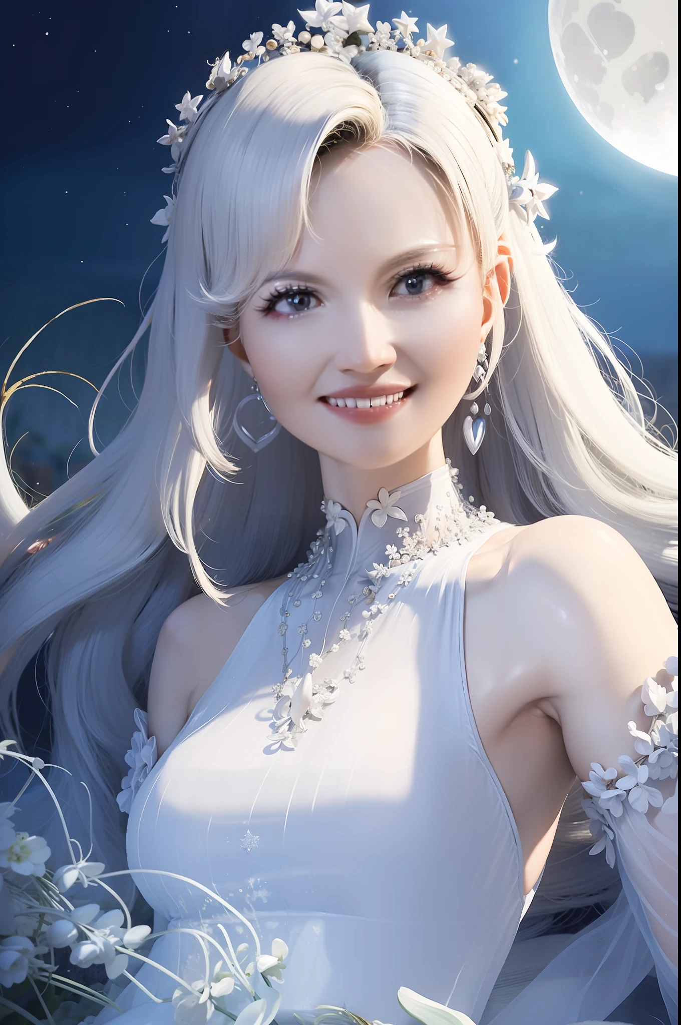 Masterpiece, (Best Quality: 1.2), (Super Fine: 1.2), Illustration, (Extremely Delicate and Beautiful: 1.2), Film Angle, Floating, (Beautiful Detail Eye: 1.1), (Detail Light: 1.1), Film Lights, Delicate Sky, Woman, White Hair, Blue Eyes, (High Ponytail: 1.1), Cloak, Glowing Eyes, (Moon: 1.2), (Moonlight: 1.1), Starry Sky, (Light Particles: 1.1), Fog , snow painting, sketching, blooming